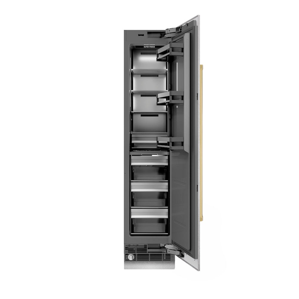 ZLINE Autograph Edition 18 in. 8.6 cu. ft. Right Hinge Column Freezer in Satin Stainless Steel with Graphite Gray Interior and Polished Gold Accents (RCFVRZ-SN-18-G)