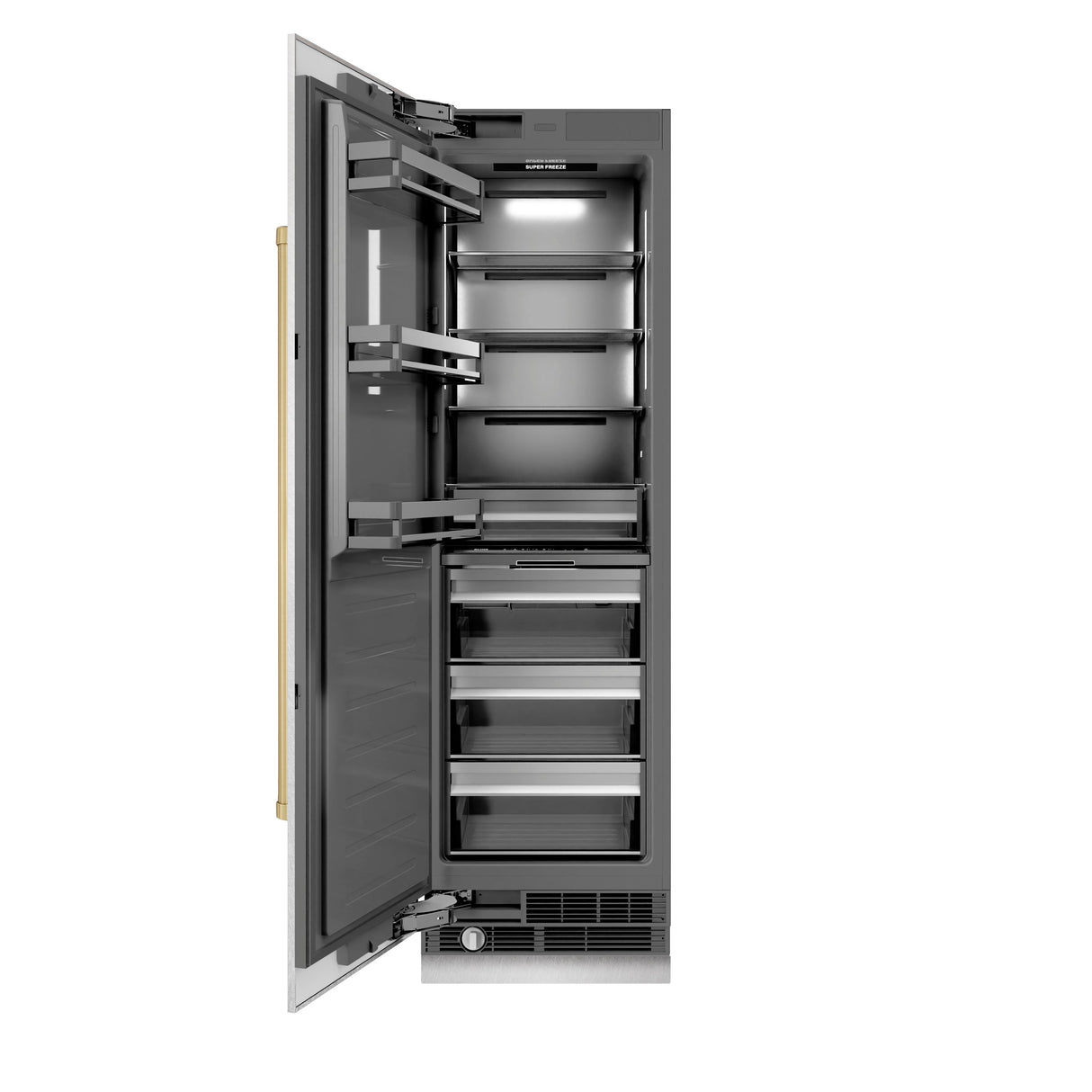 ZLINE Autograph Edition 24 in. 12.4 cu. ft. Column Freezer in Satin Stainless Steel with Graphite Gray Interior and Champagne Bronze Accents (RCFVZ-SN-24-CB)