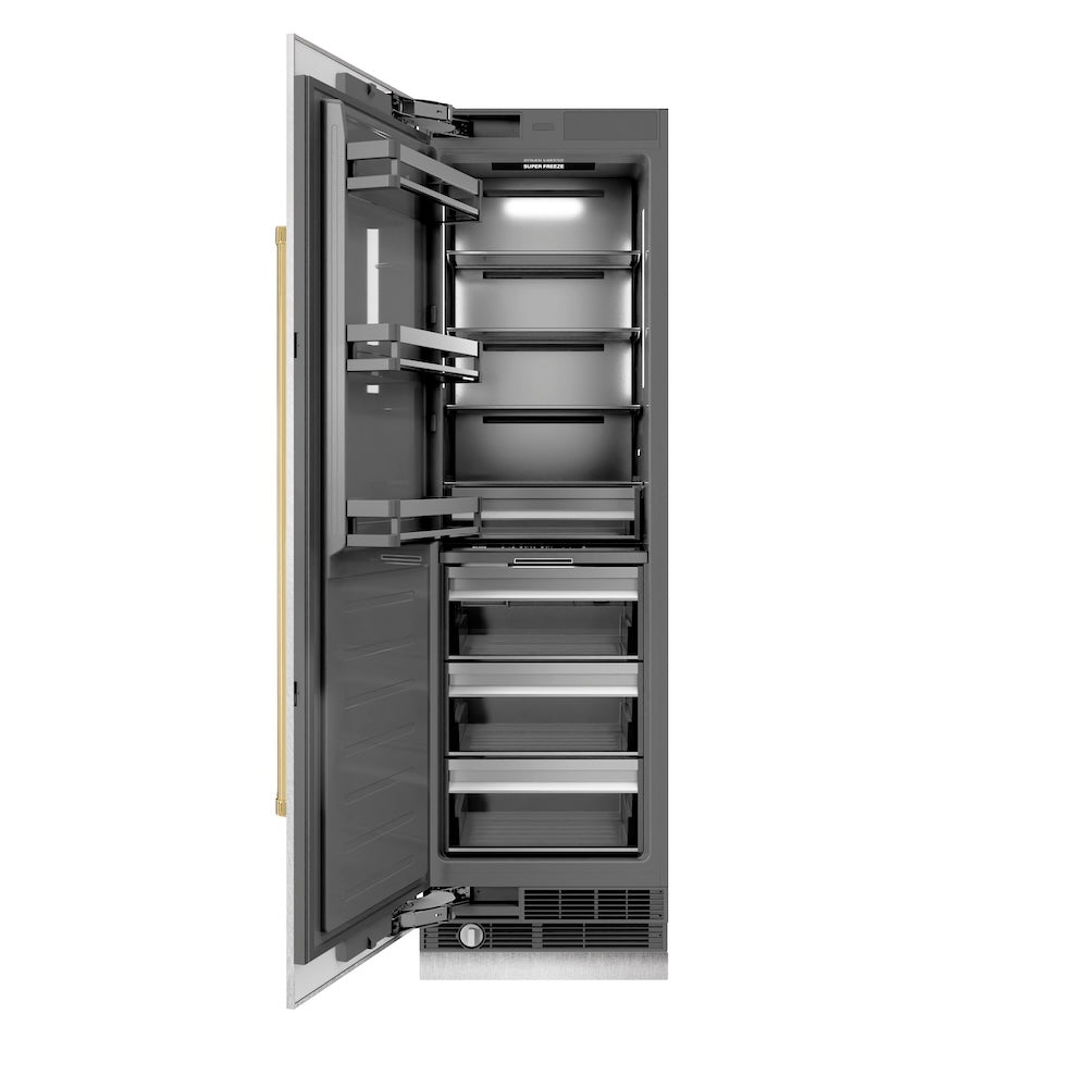 ZLINE Autograph Edition 24 in. 12.4 cu. ft. Column Freezer in Satin Stainless Steel with Graphite Gray Interior and Polished Gold Accents (RCFVZ-SN-24-G)