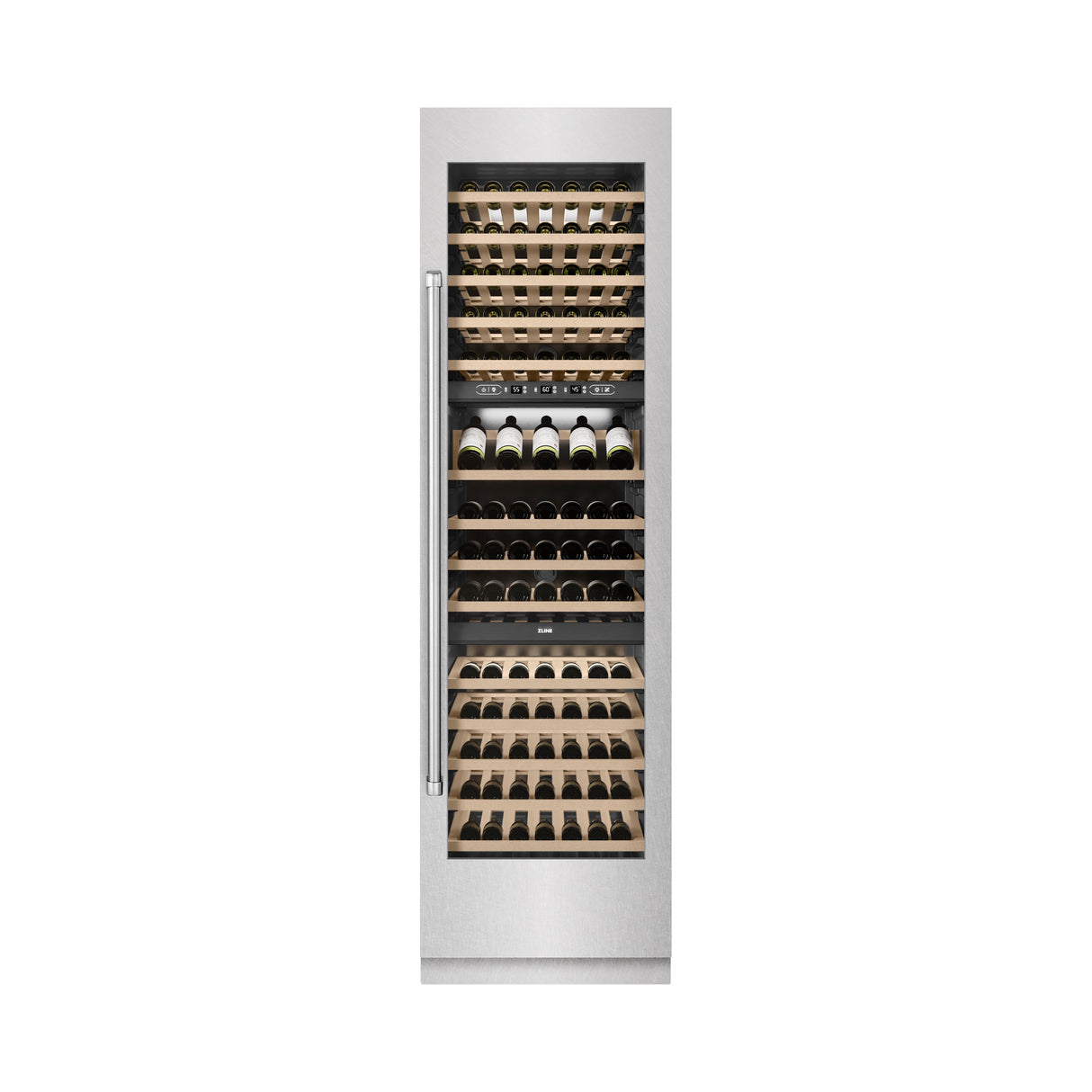 ZLINE 24 in. 12.4 cu. ft. Triple Zone 100 Bottle Column Wine Cooler in Satin Stainless Steel (RCWV-SN-24)
