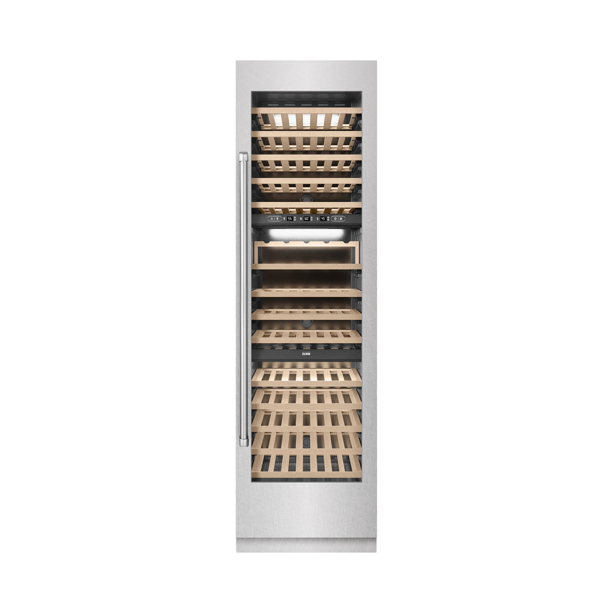 ZLINE 24 in. 12.4 cu. ft. Triple Zone 100 Bottle Column Wine Cooler in Satin Stainless Steel (RCWV-SN-24)