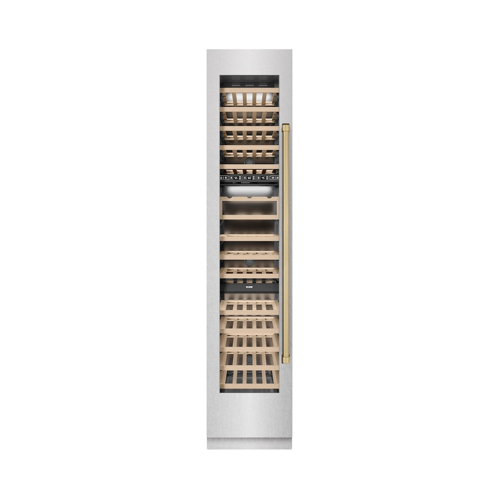 ZLINE Autograph Edition 18 in. 9.0 cu. ft. Triple Zone 68 Bottle Left Hinge Column Wine Cooler in Satin Stainless Steel with Champagne Bronze Accents (RCWVLZ-SN-18-CB)