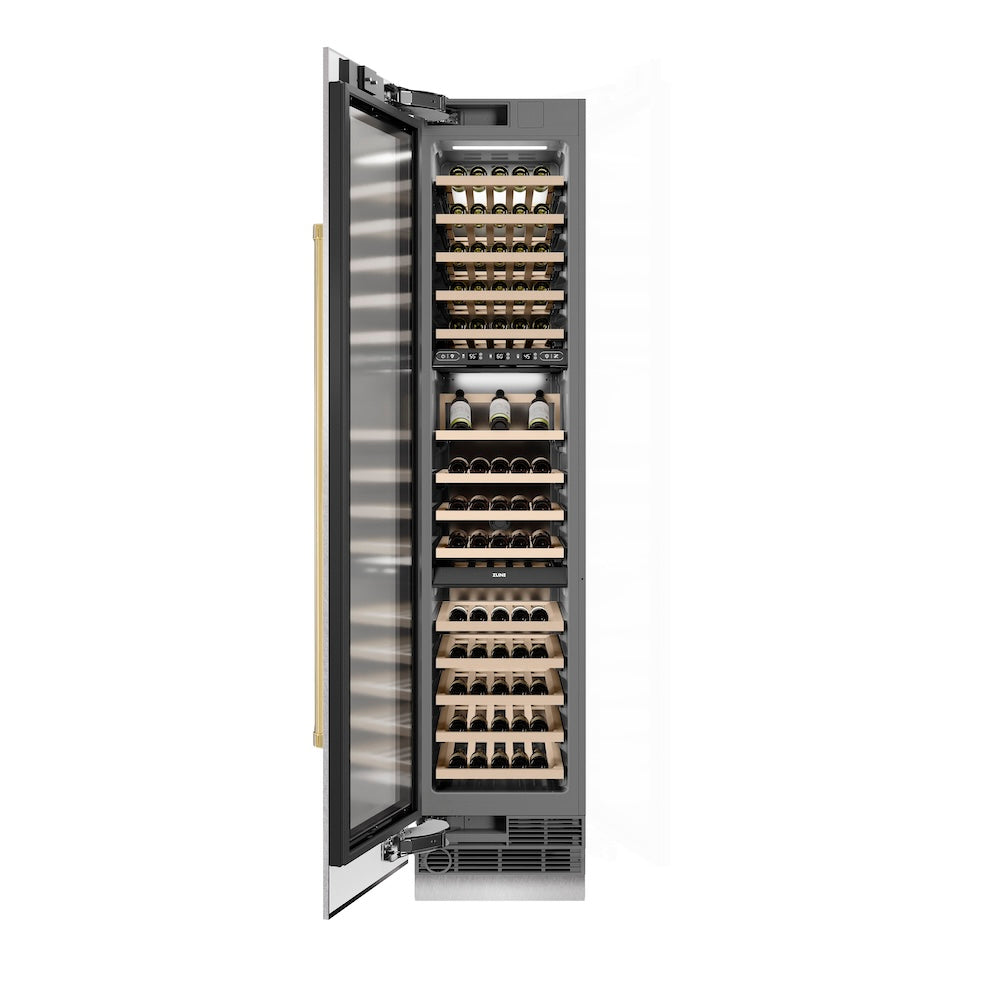 ZLINE Autograph Edition 18 in. 9.0 cu. ft. Triple Zone 68 Bottle Left Hinge Column Wine Cooler in Satin Stainless Steel with Polished Gold Accents (RCWVLZ-SN-18-G)