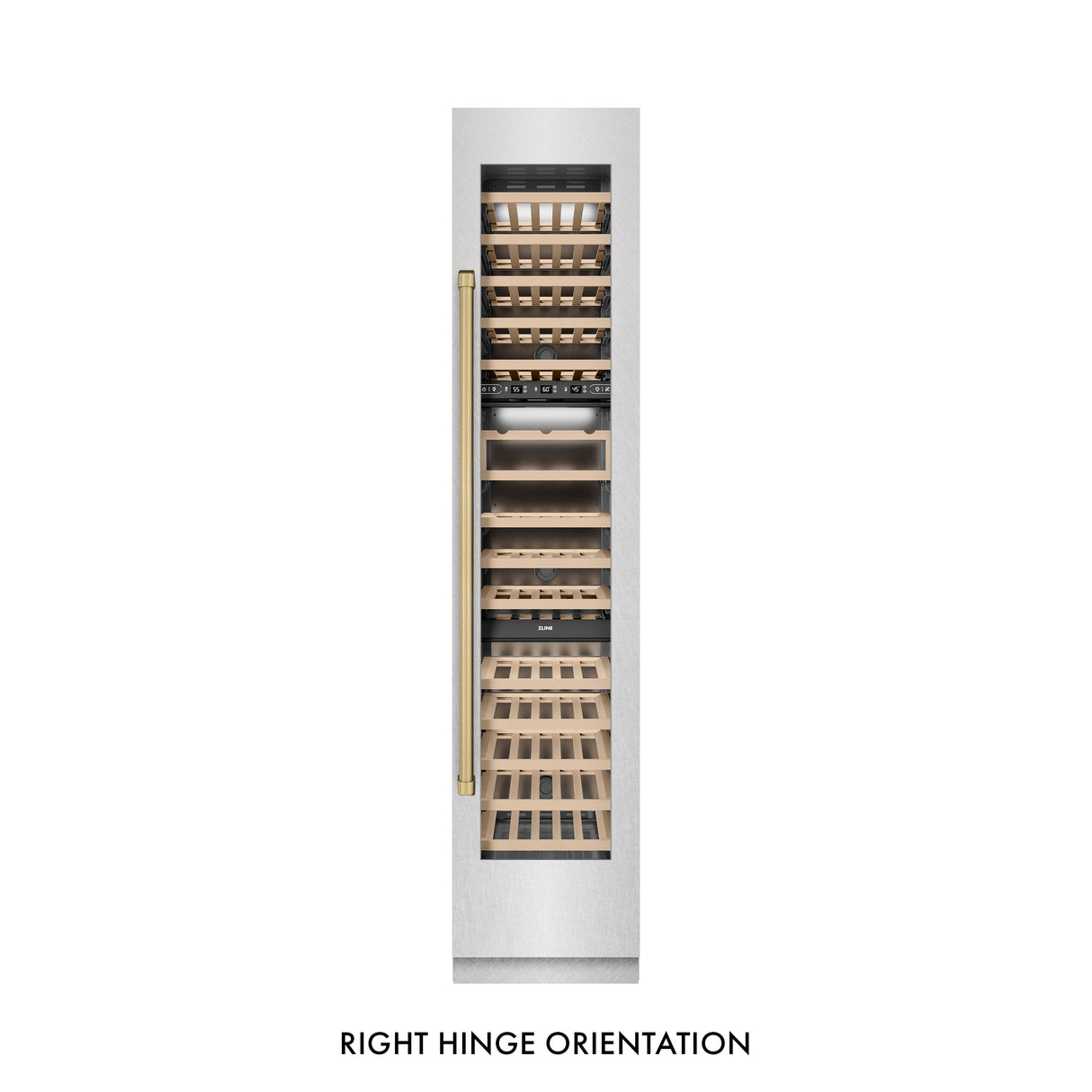 ZLINE Autograph Edition 18 in. 9.0 cu. ft. Triple Zone 68 Bottle Right Hinge Column Wine Cooler in Satin Stainless Steel with Champagne Bronze Accents (RCWVRZ-SN-18-CB)