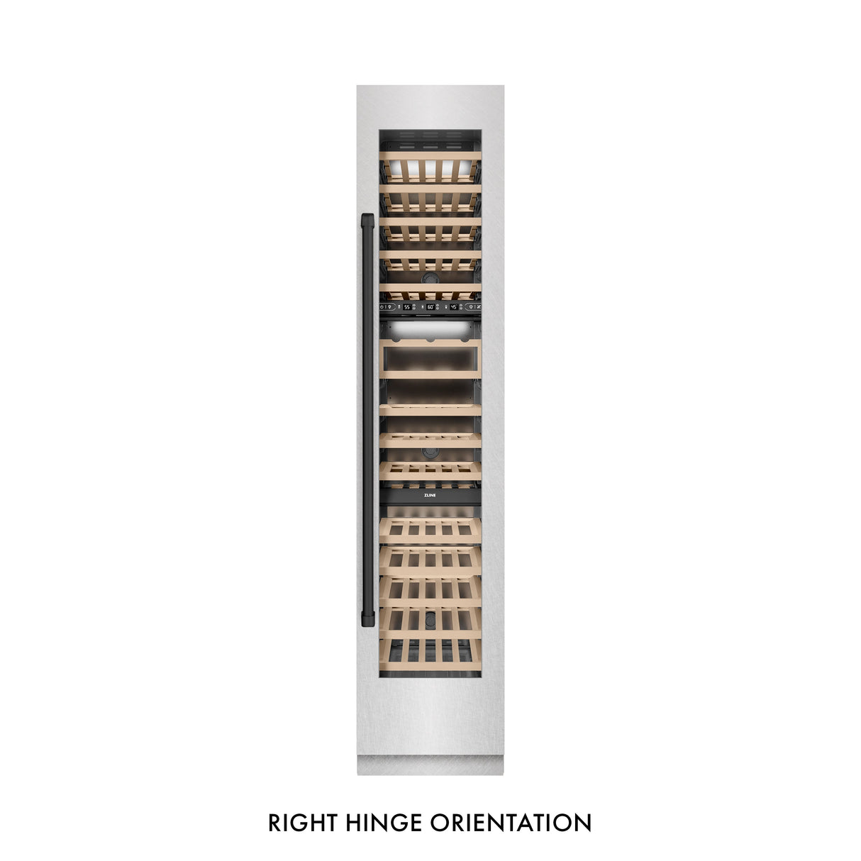 ZLINE Autograph Edition 18 in. 9.0 cu. ft. Triple Zone 68 Bottle Right Hinge Column Wine Cooler in Satin Stainless Steel with Matte Black Accents (RCWVRZ-SN-18-MB)