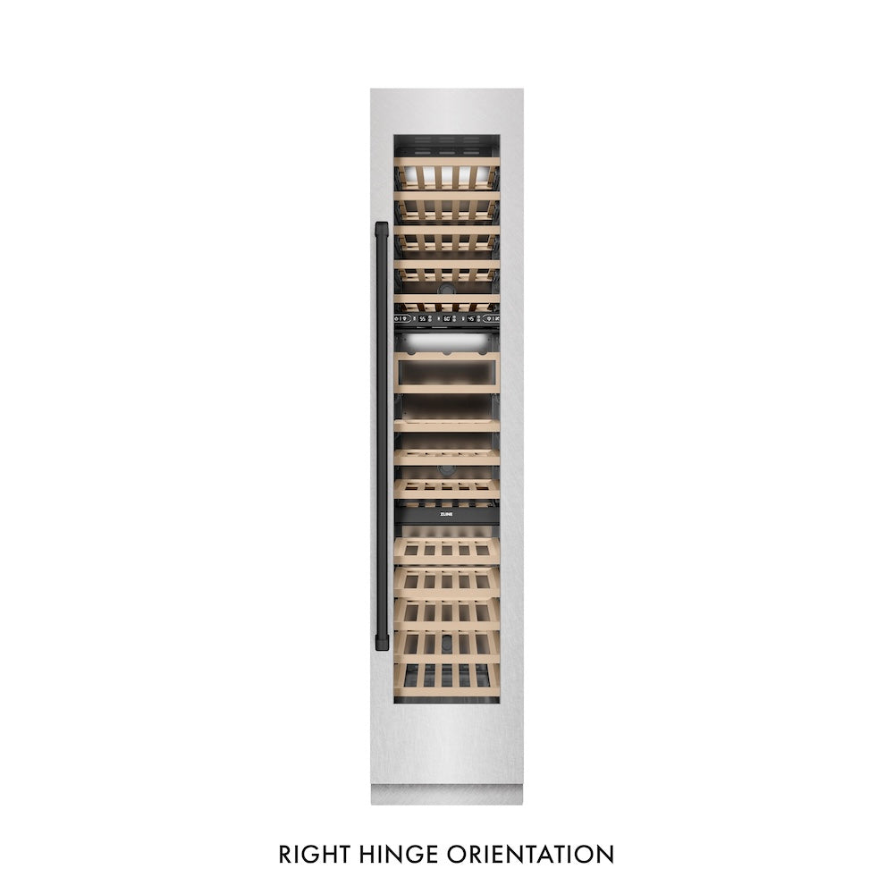 ZLINE Autograph Edition 18 in. 9.0 cu. ft. Triple Zone 68 Bottle Right Hinge Column Wine Cooler in Satin Stainless Steel with Matte Black Accents (RCWVRZ-SN-18-MB)