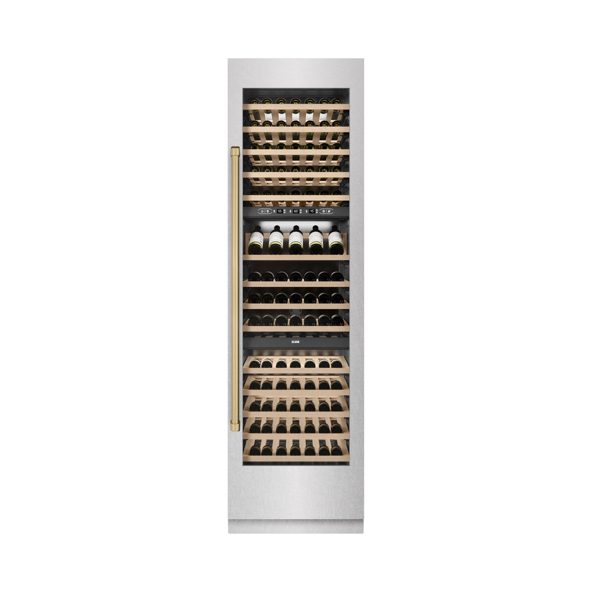 ZLINE Autograph Edition 24 in. 12.4 cu. ft. Triple Zone 100 Bottle Column Wine Cooler in Satin Stainless Steel and Champagne Bronze Accents (RCWVZ-SN-24-CB)
