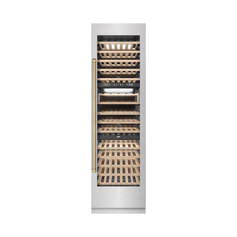 ZLINE Autograph Edition 24 in. 12.4 cu. ft. Triple Zone 100 Bottle Column Wine Cooler in Satin Stainless Steel and Champagne Bronze Accents (RCWVZ-SN-24-CB)