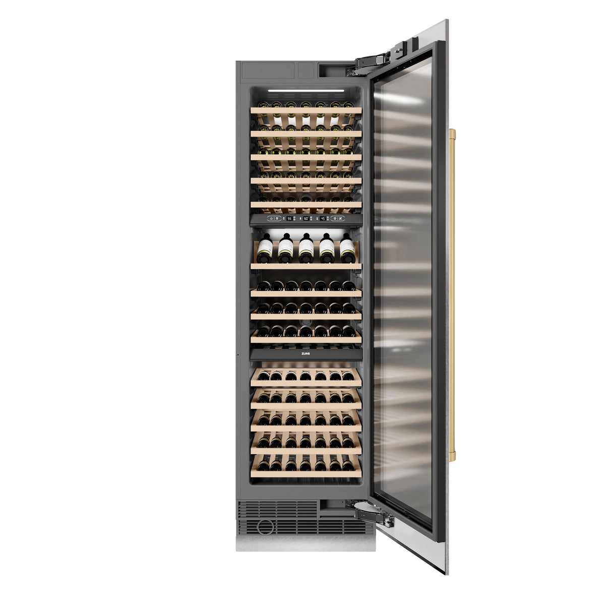 ZLINE Autograph Edition 24 in. 12.4 cu. ft. Triple Zone 100 Bottle Column Wine Cooler in Satin Stainless Steel and Champagne Bronze Accents (RCWVZ-SN-24-CB)