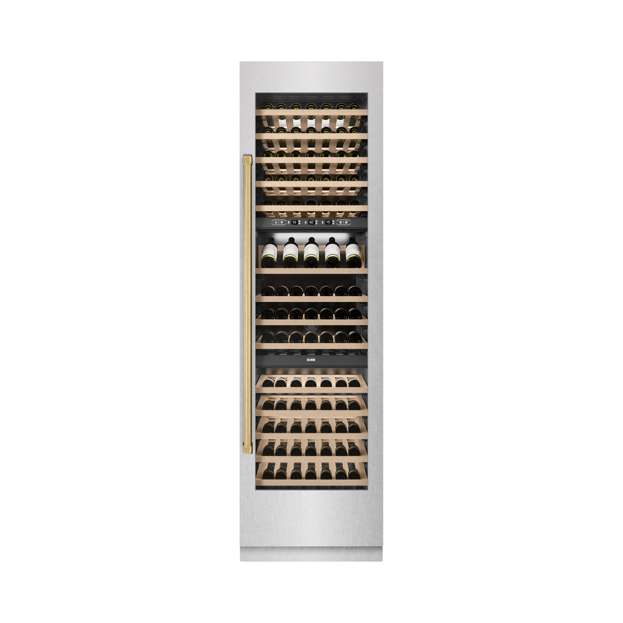 ZLINE Autograph Edition 24 in. 12.4 cu. ft. Triple Zone 100 Bottle Column Wine Cooler in Satin Stainless Steel and Polished Gold Accents (RCWVZ-SN-24-G)