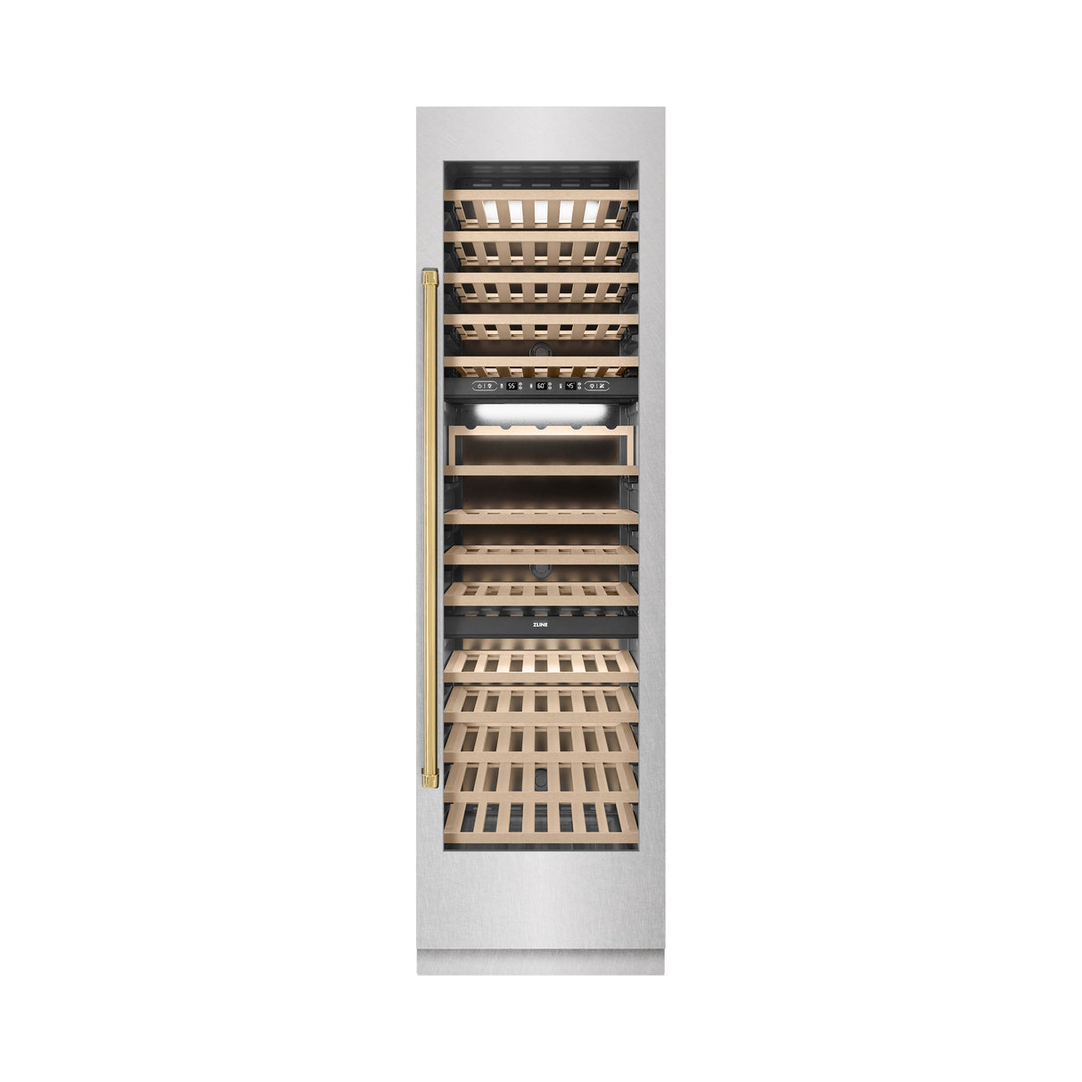 ZLINE Autograph Edition 24 in. 12.4 cu. ft. Triple Zone 100 Bottle Column Wine Cooler in Satin Stainless Steel and Polished Gold Accents (RCWVZ-SN-24-G)