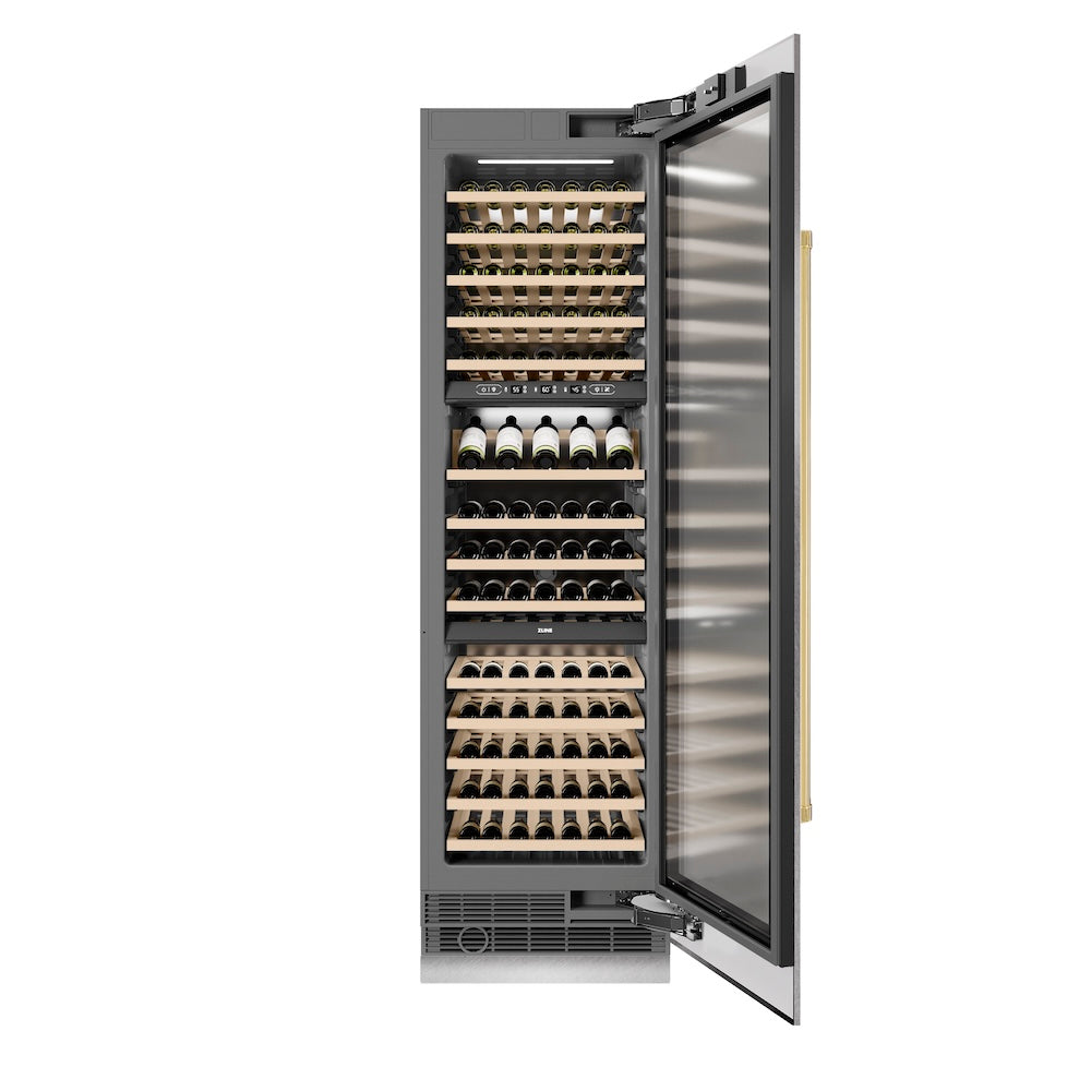 ZLINE Autograph Edition 24 in. 12.4 cu. ft. Triple Zone 100 Bottle Column Wine Cooler in Satin Stainless Steel and Polished Gold Accents (RCWVZ-SN-24-G)