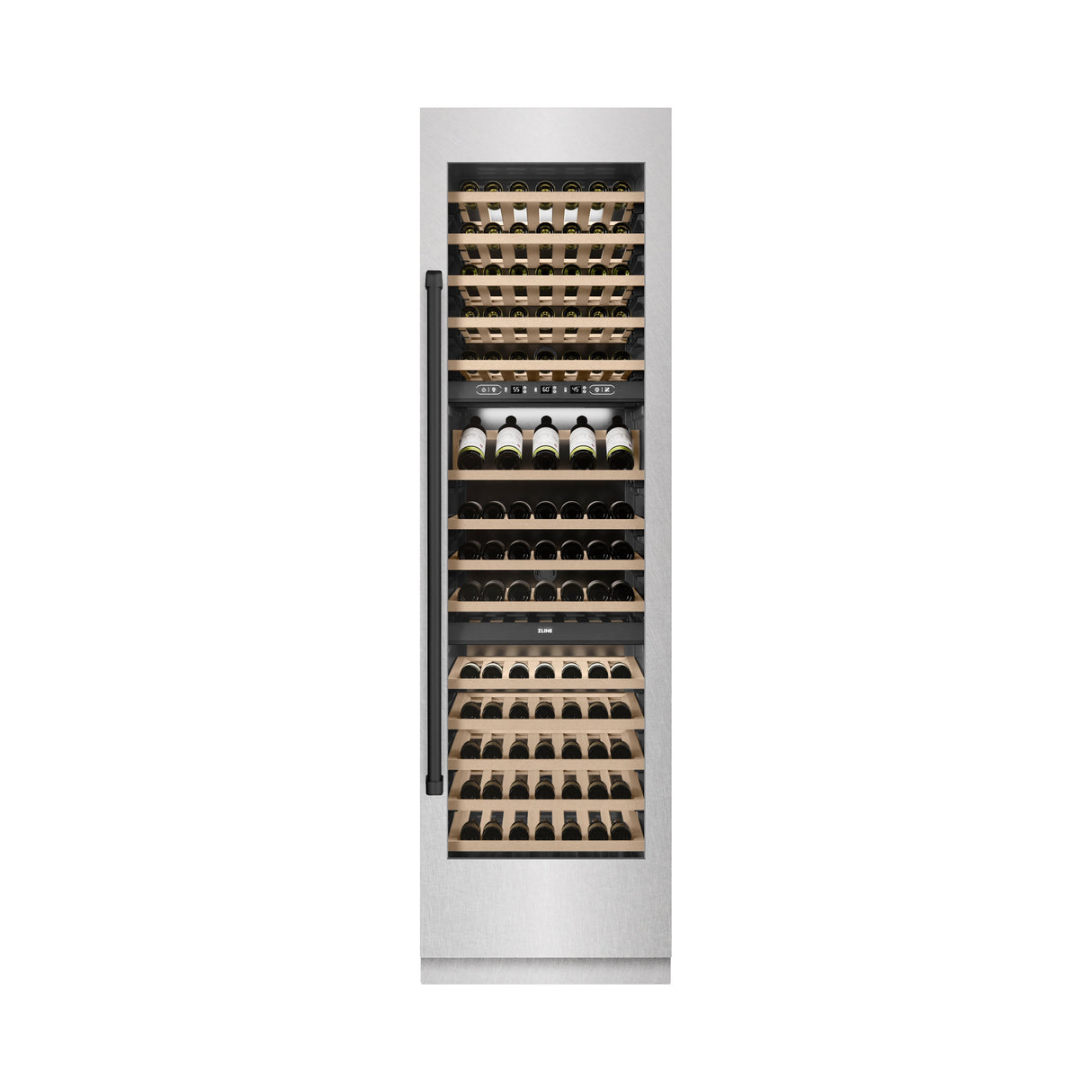 ZLINE Autograph Edition 24 in. 12.4 cu. ft. Triple Zone 100 Bottle Column Wine Cooler in Satin Stainless Steel and Matte Black Accents (RCWVZ-SN-24-MB)
