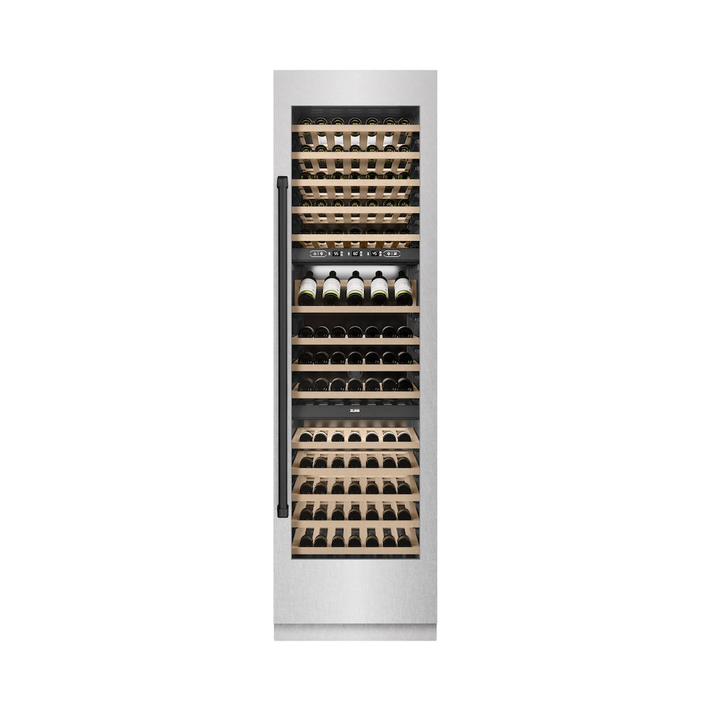 ZLINE Autograph Edition 24 in. 12.4 cu. ft. Triple Zone 100 Bottle Column Wine Cooler in Satin Stainless Steel and Matte Black Accents (RCWVZ-SN-24-MB)