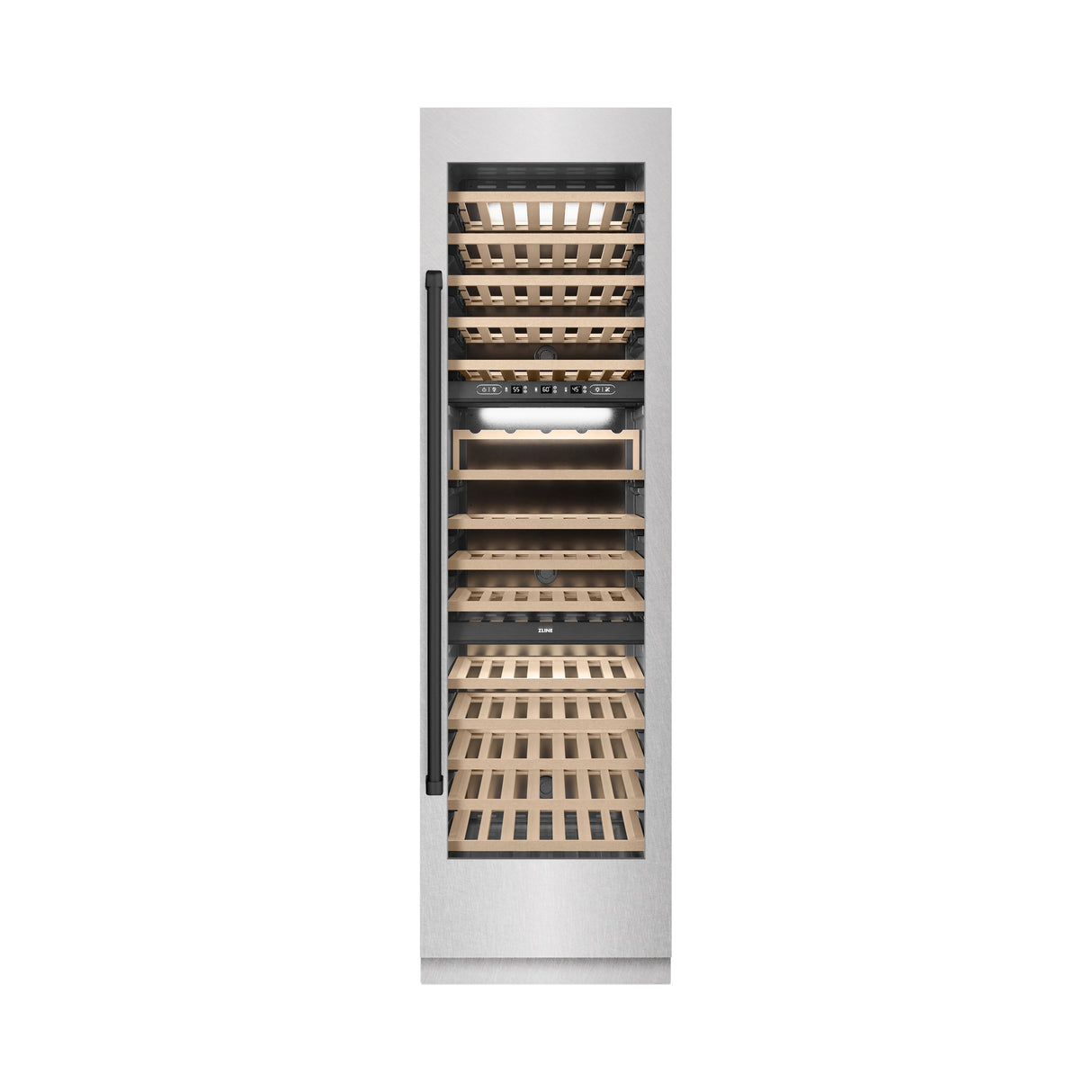 ZLINE Autograph Edition 24 in. 12.4 cu. ft. Triple Zone 100 Bottle Column Wine Cooler in Satin Stainless Steel and Matte Black Accents (RCWVZ-SN-24-MB)