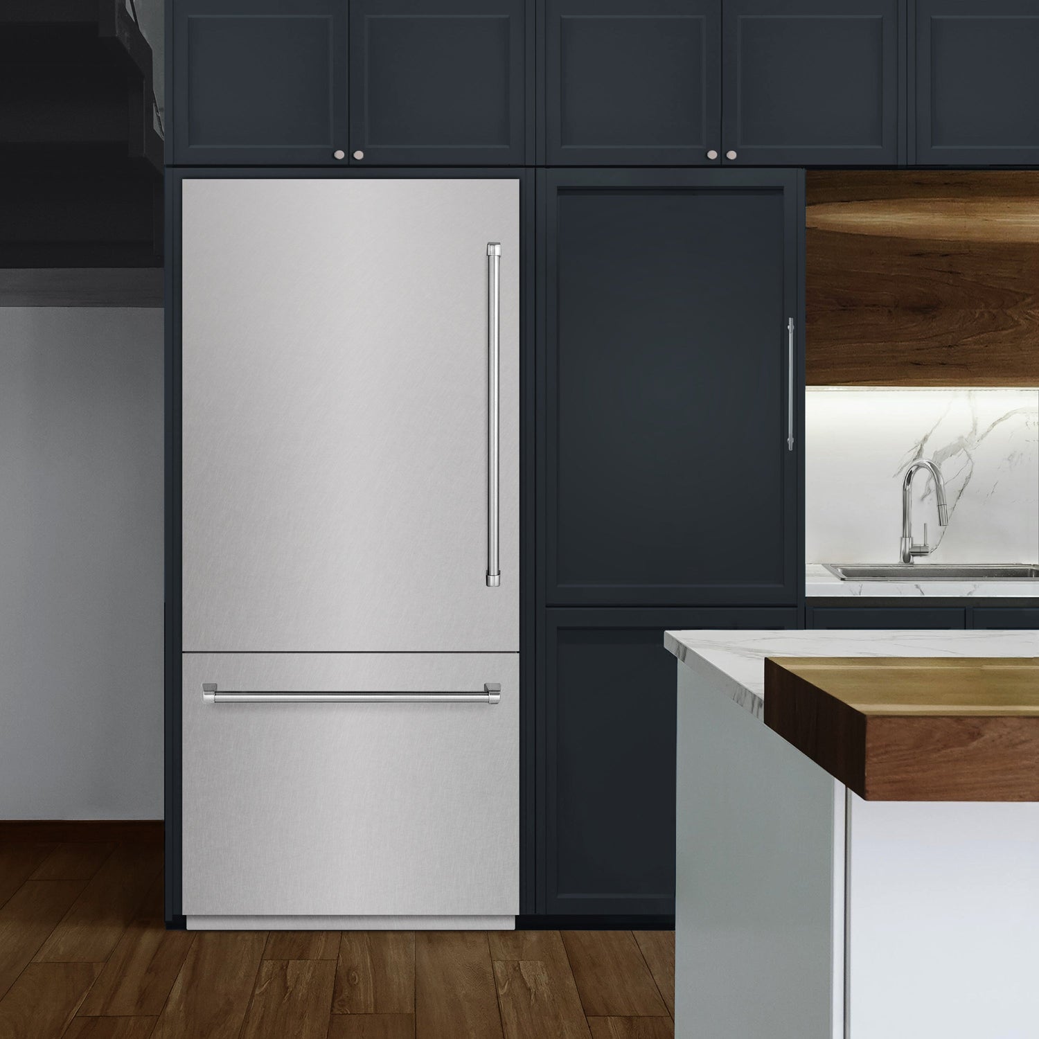 ZLINE 36 in. 19.8 cu. ft. Built-In Bottom Freezer Refrigerator with Water Dispenser and Ice Maker in Satin Stainless Steel with Graphite Gray Interior (GRBIT-SN-36)