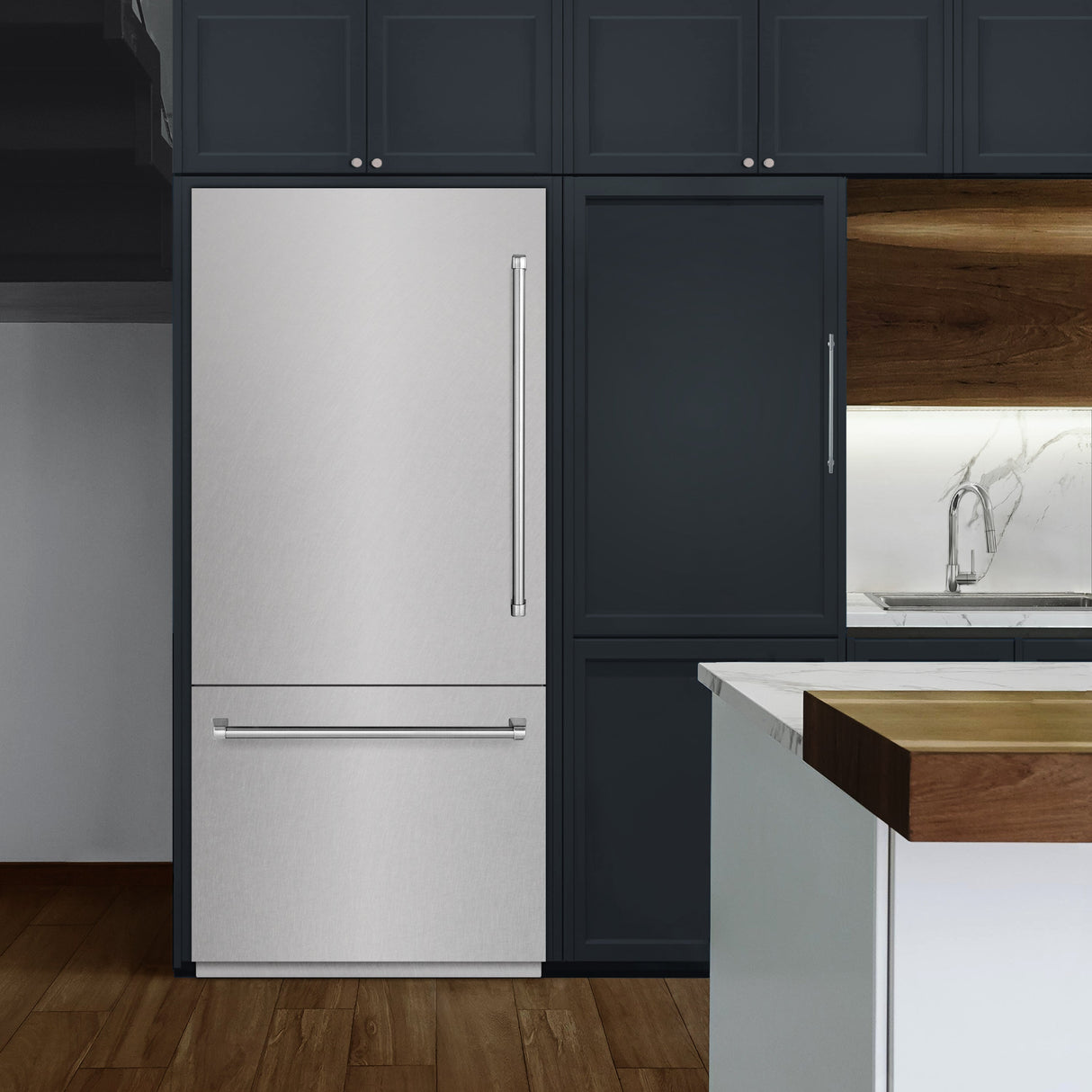 ZLINE 36 in. 19.8 cu. ft. Built-In Bottom Freezer Refrigerator with Water Dispenser and Ice Maker in Satin Stainless Steel with Graphite Gray Interior (GRBIT-SN-36)