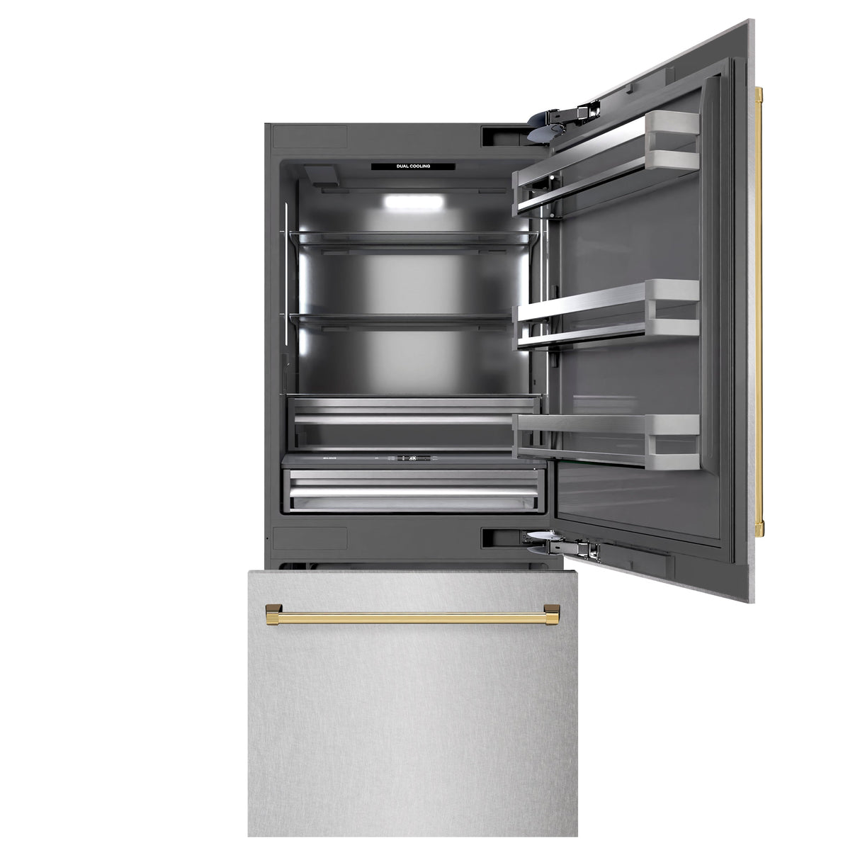 ZLINE Autograph Edition 36 in. 19.8 cu. ft. Built-In Bottom Freezer Refrigerator with Water Dispenser and Ice Maker in Satin Stainless Steel with Graphite Gray Interior and Polished Gold Accents (GRBITZ-SN-36-G)