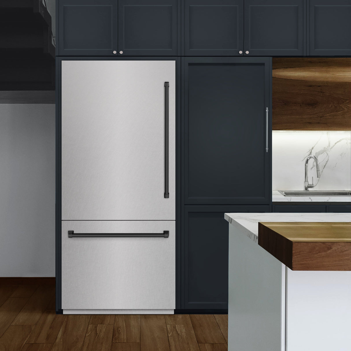 ZLINE Autograph Edition 36 in. 19.8 cu. ft. Built-In Bottom Freezer Refrigerator with Water Dispenser and Ice Maker in Satin Stainless Steel with Graphite Gray Interior and Matte Black Accents (GRBITZ-SN-36-MB)