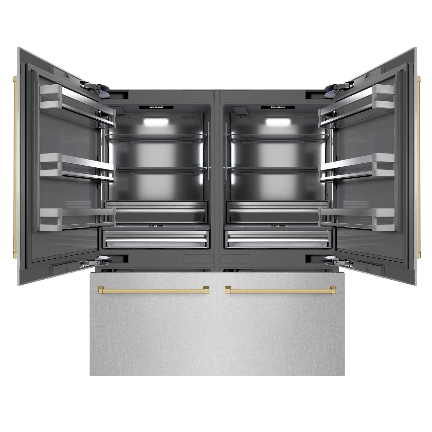 ZLINE Autograph Edition 72 in. 39.6 cu. ft. French Door Built-In Bottom Freezer Refrigerator with Water Dispensers and Ice Makers in Satin Stainless Steel with Graphite Gray Interior and Champagne Bronze Accents (GRBITZ-SN-72-CB)