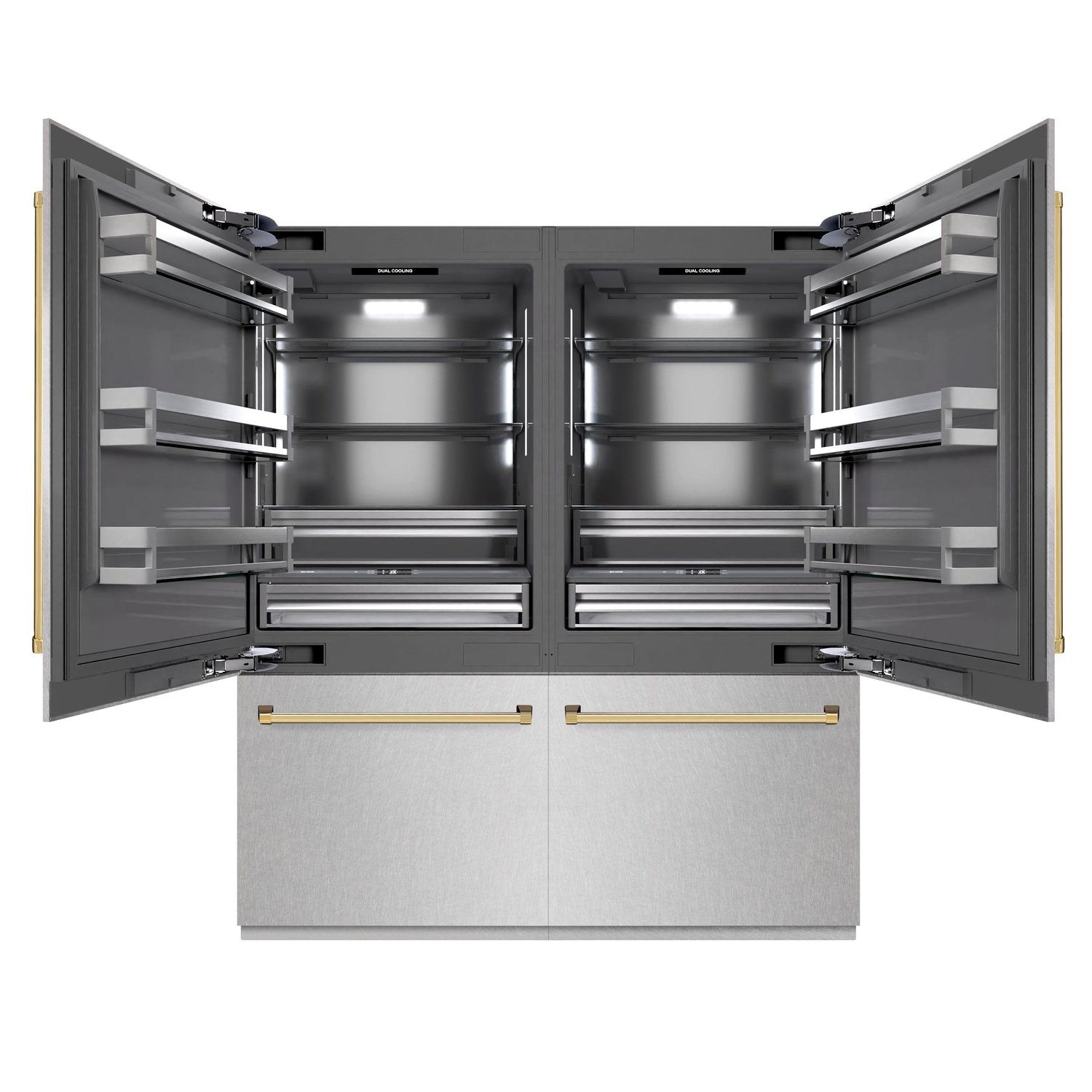 ZLINE Autograph Edition 72 in. 39.6 cu. ft. French Door Built-In Bottom Freezer Refrigerator with Water Dispensers and Ice Makers in Satin Stainless Steel with graphite Gray Interior and Polished Gold Accents (GRBITZ-SN-72-G)