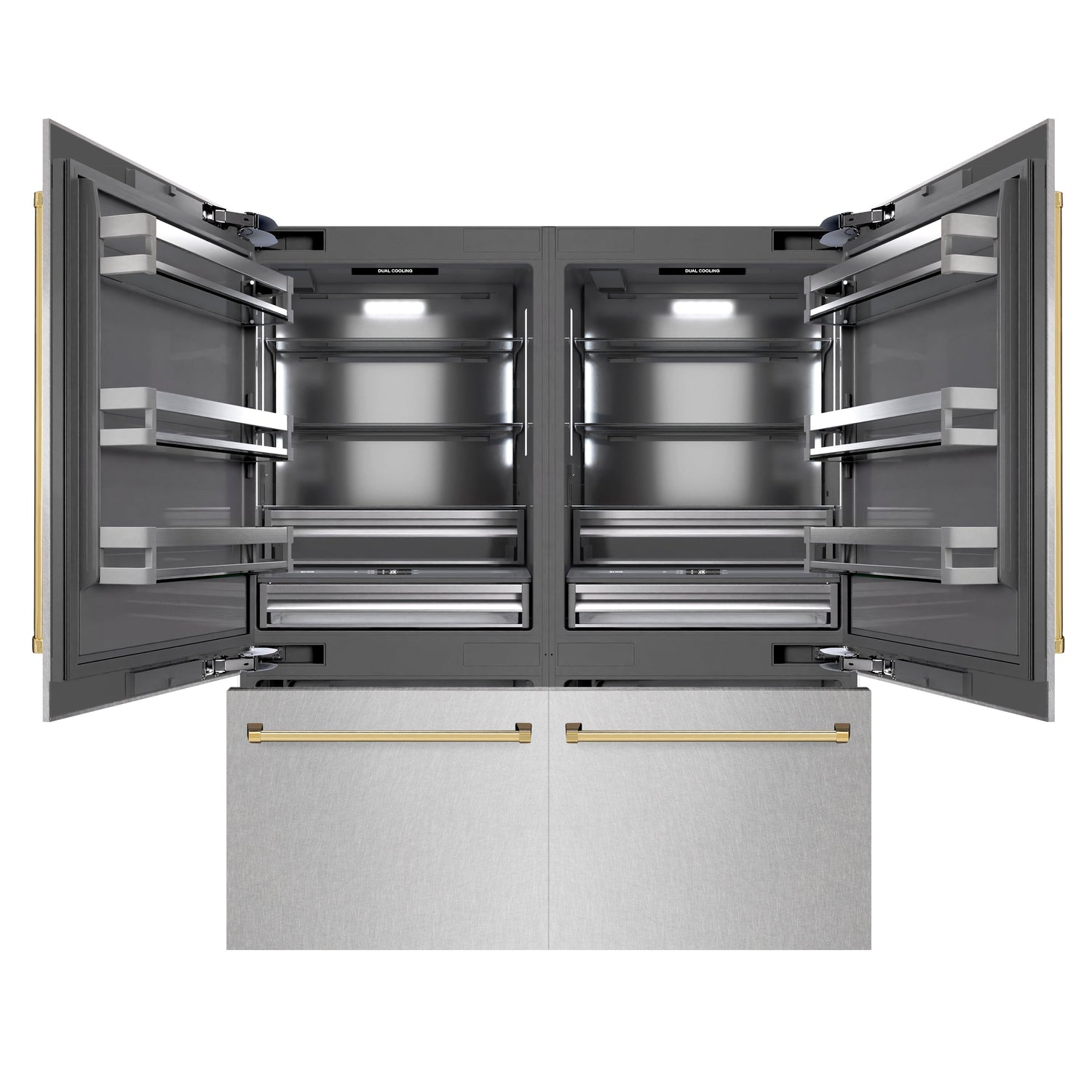 ZLINE Autograph Edition 72 in. 39.6 cu. ft. French Door Built-In Bottom Freezer Refrigerator with Water Dispensers and Ice Makers in Satin Stainless Steel with graphite Gray Interior and Polished Gold Accents (GRBITZ-SN-72-G)