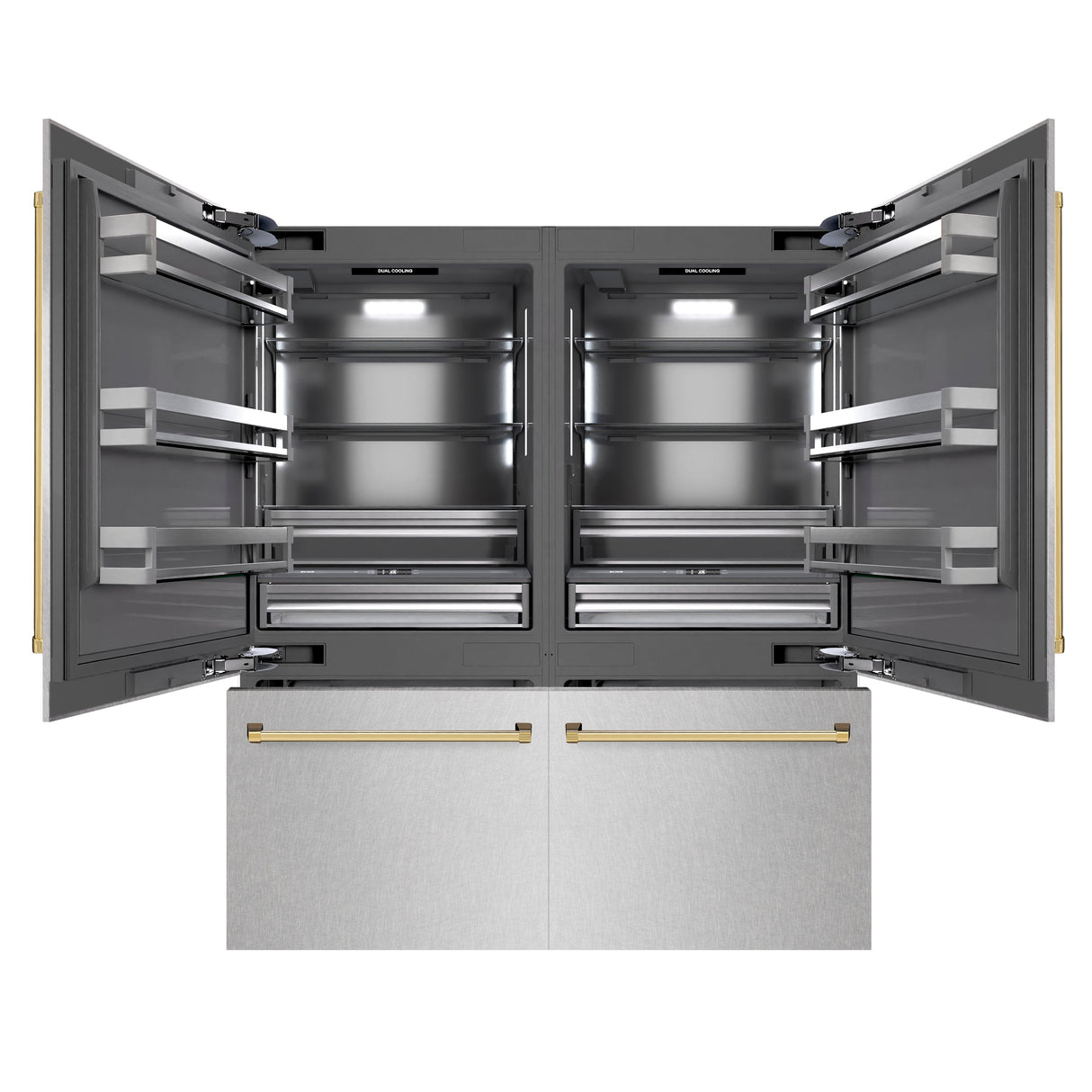 ZLINE Autograph Edition 72 in. 39.6 cu. ft. French Door Built-In Bottom Freezer Refrigerator with Water Dispensers and Ice Makers in Satin Stainless Steel with graphite Gray Interior and Polished Gold Accents (GRBITZ-SN-72-G)