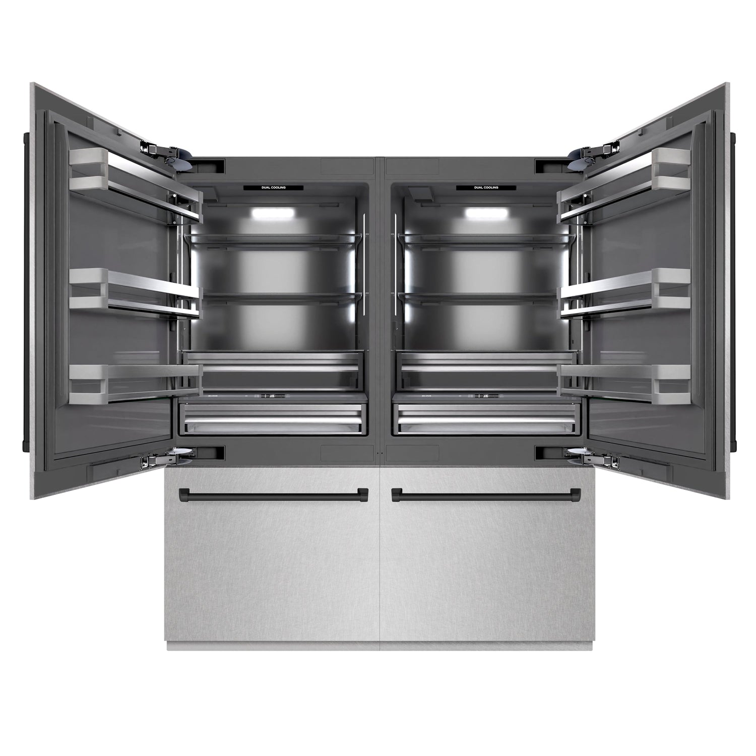 ZLINE Autograph Edition 72 in. 39.6 cu. ft. French Door Built-In Bottom Freezer Refrigerator with Water Dispensers and Ice Makers in Satin Stainless Steel with Graphite Gray Interior and Matte Black Accents (GRBITZ-SN-72-MB)