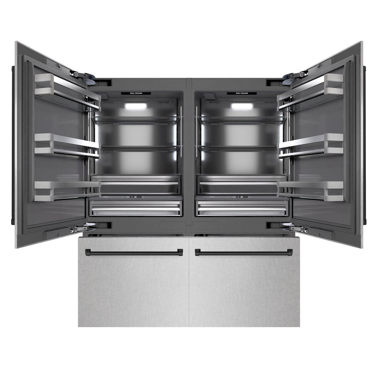 ZLINE Autograph Edition 72 in. 39.6 cu. ft. French Door Built-In Bottom Freezer Refrigerator with Water Dispensers and Ice Makers in Satin Stainless Steel with Graphite Gray Interior and Matte Black Accents (GRBITZ-SN-72-MB)