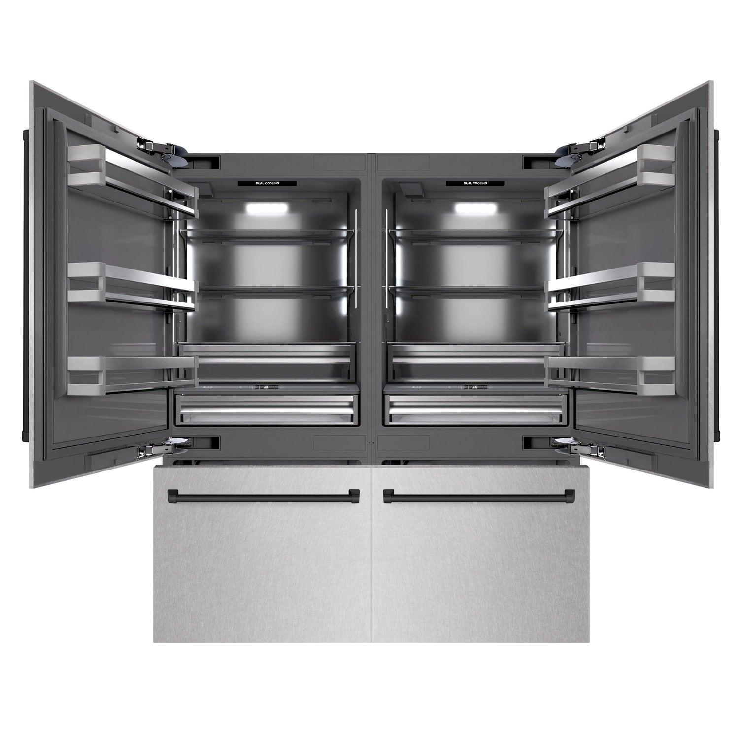 ZLINE Autograph Edition 72 in. 39.6 cu. ft. French Door Built-In Bottom Freezer Refrigerator with Water Dispensers and Ice Makers in Satin Stainless Steel with Graphite Gray Interior and Matte Black Accents (GRBITZ-SN-72-MB)