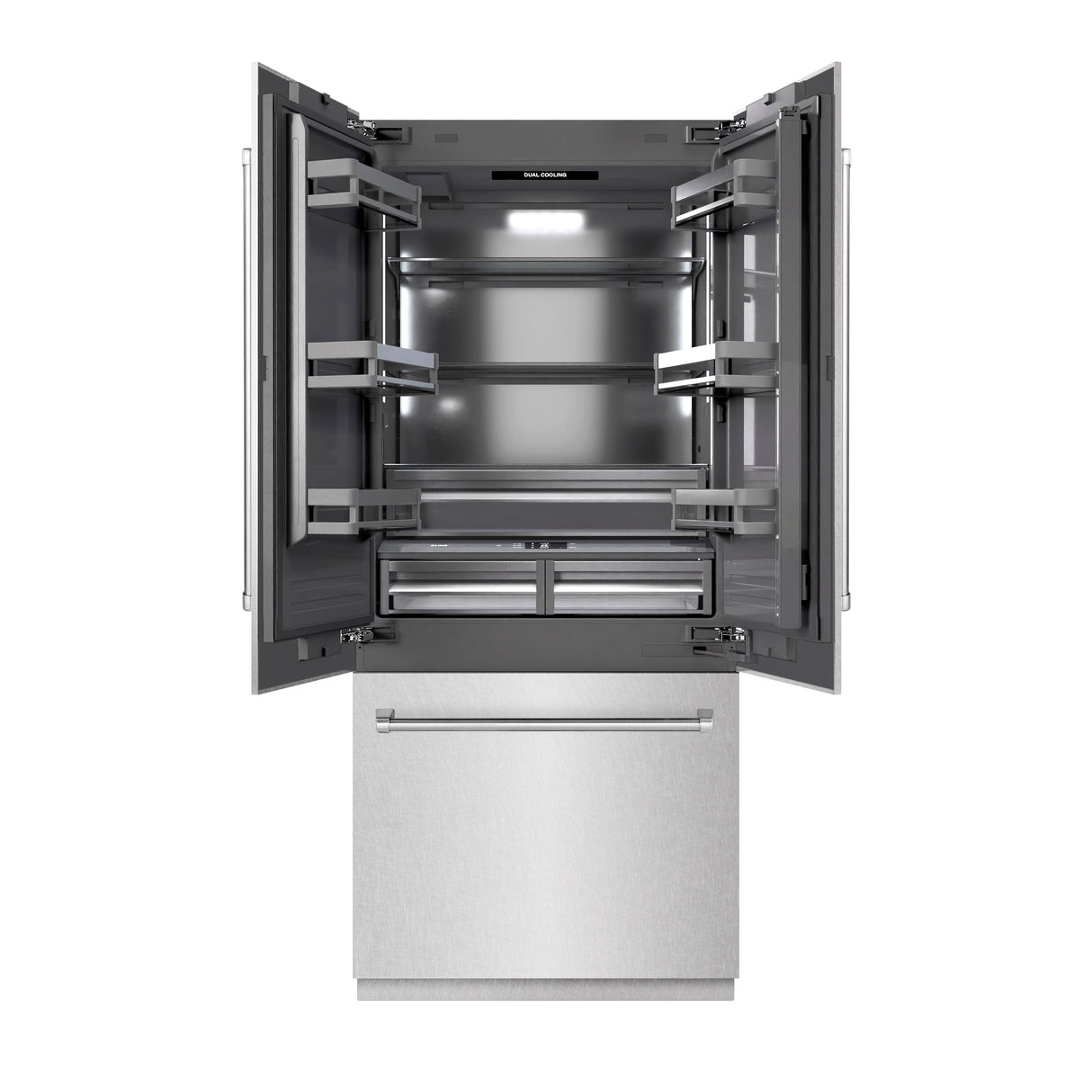 ZLINE 36 in. 19.6 cu. ft. French Door Built-In Bottom Freezer Refrigerator with Water Dispenser and Ice Maker in Satin Stainless Steel with Graphite Gray Interior (GRBIV-SN-36)