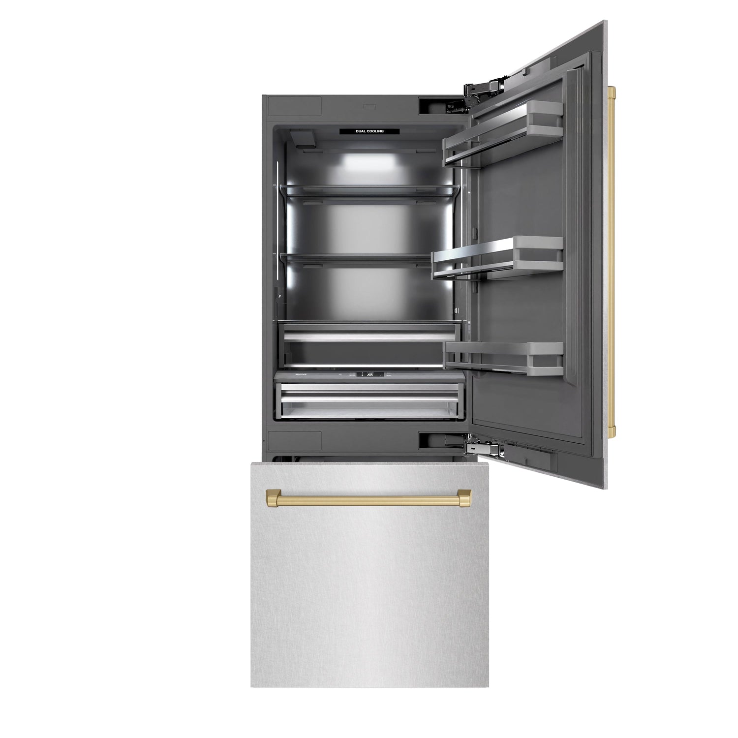 ZLINE Autograph Edition 30 in. 16.1 cu. ft. Built-In Bottom Freezer Refrigerator with Water Dispenser and Ice Maker in Satin Stainless Steel with Graphite Gray Interior and Champagne Bronze Accents (GRBIVZ-SN-30-CB)