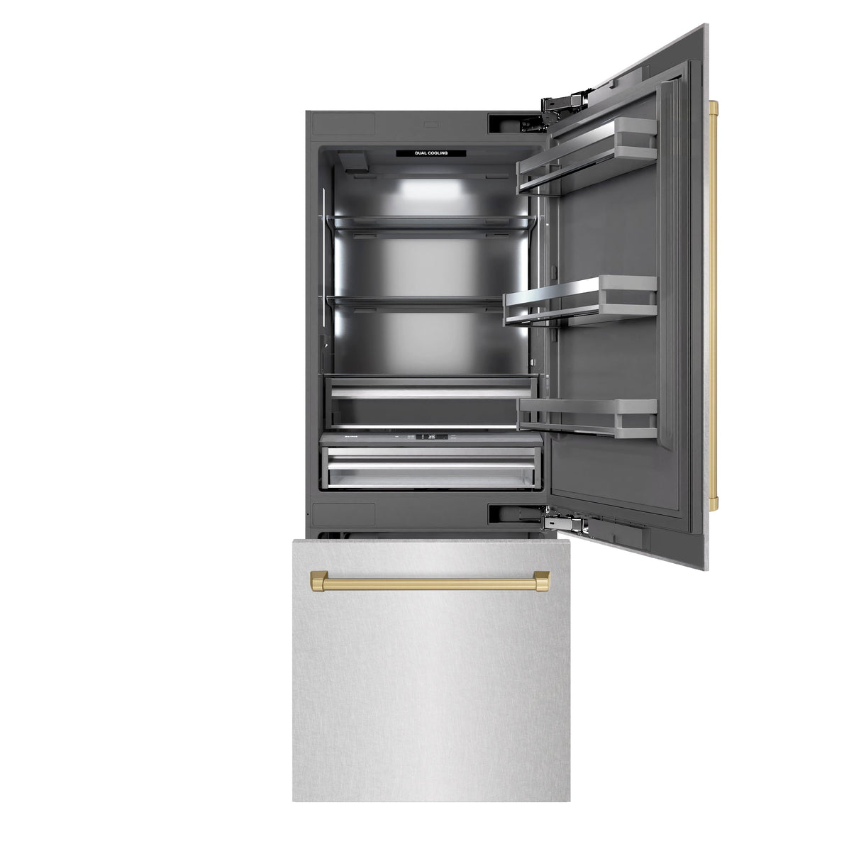 ZLINE Autograph Edition 30 in. 16.1 cu. ft. Built-In Bottom Freezer Refrigerator with Water Dispenser and Ice Maker in Satin Stainless Steel with Graphite Gray Interior and Champagne Bronze Accents (GRBIVZ-SN-30-CB)