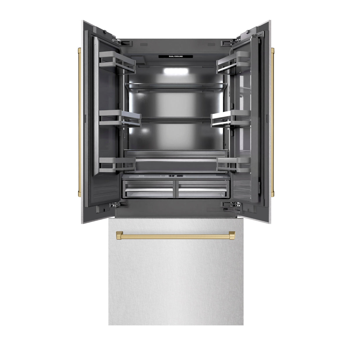 ZLINE Autograph Edition 36 in. 19.6 cu. ft. French Door Built-In Bottom Freezer Refrigerator with Water Dispenser and Ice Maker in Satin Stainless Steel with Graphite Gray Interior and Champagne Bronze Accents (GRBIVZ-SN-36-CB)