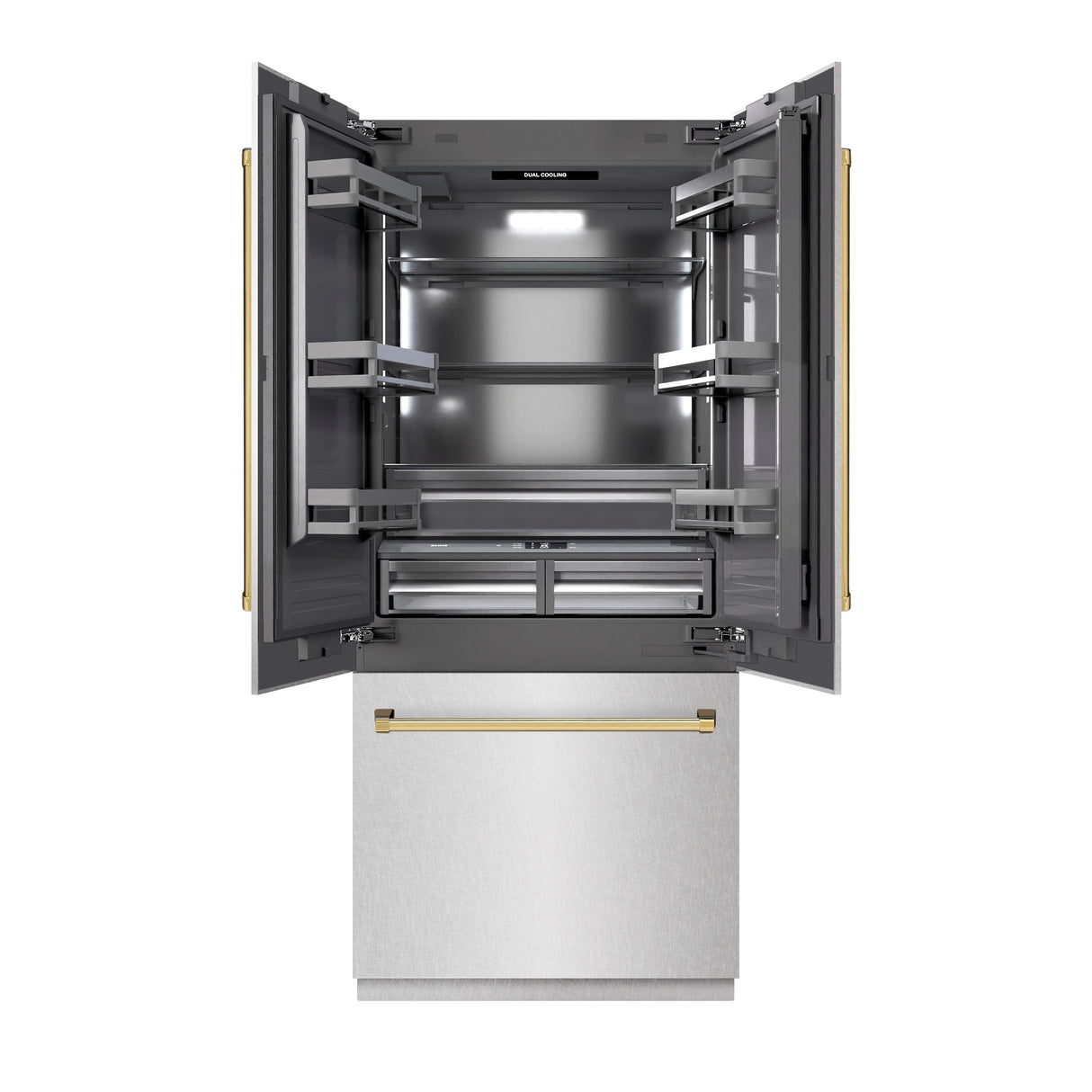 ZLINE Autograph Edition 36 in. 19.6 cu. ft. French Door Built-In Bottom Freezer Refrigerator with Water Dispenser and Ice Maker in Satin Stainless Steel with Graphite Gray Interior and Polished Gold Accents (GRBIVZ-SN-36-G)