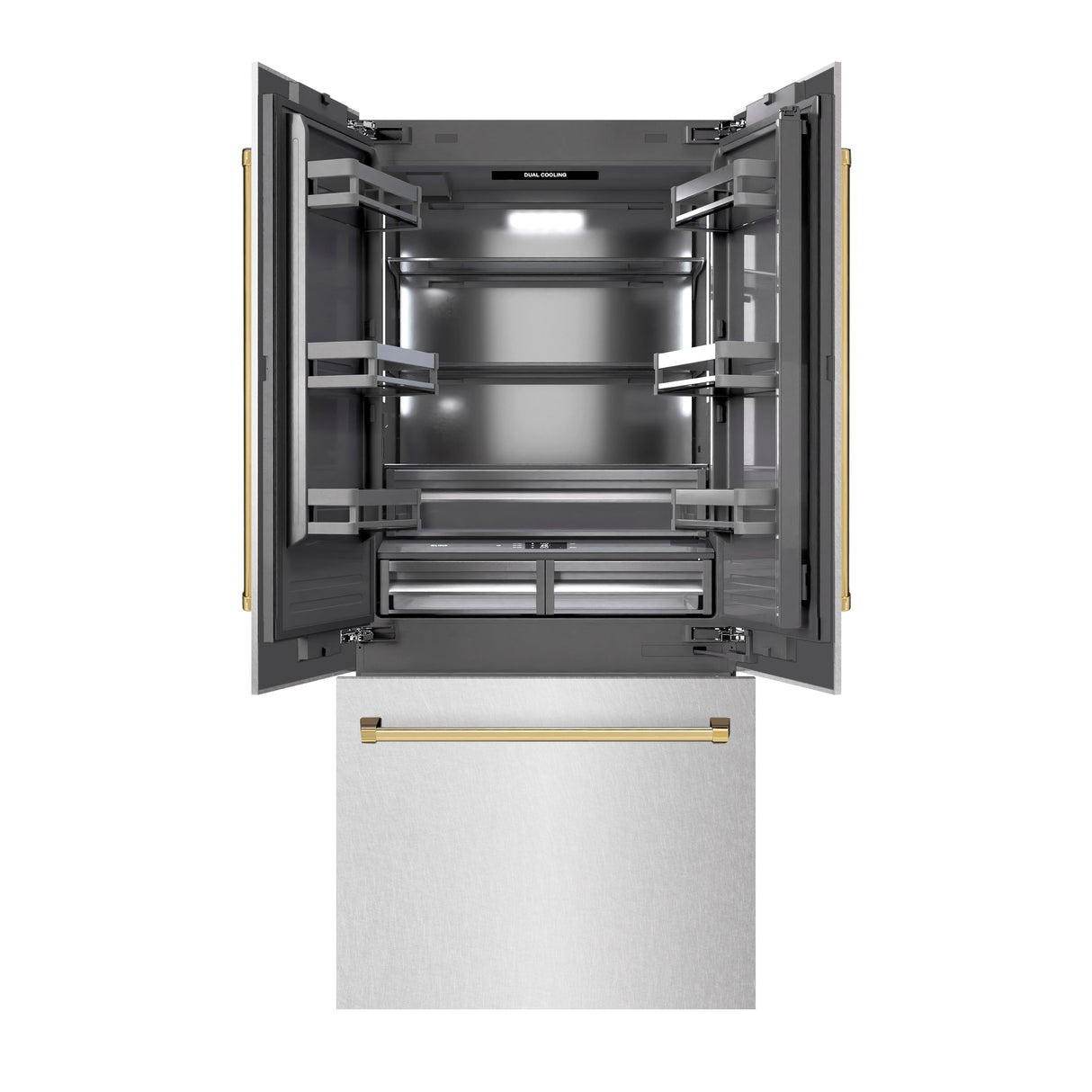 ZLINE Autograph Edition 36 in. 19.6 cu. ft. French Door Built-In Bottom Freezer Refrigerator with Water Dispenser and Ice Maker in Satin Stainless Steel with Graphite Gray Interior and Polished Gold Accents (GRBIVZ-SN-36-G)