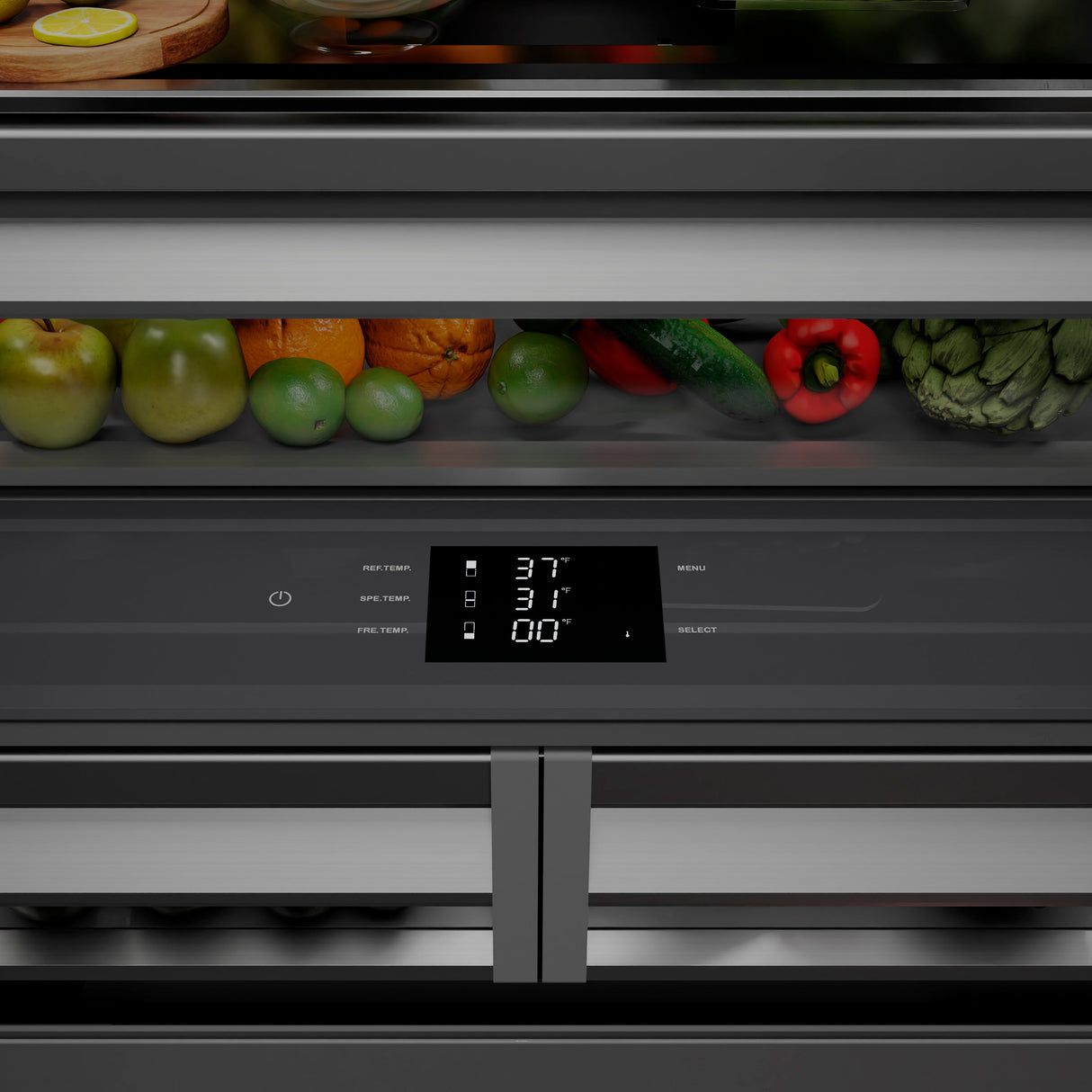 ZLINE Autograph Edition 36 in. 19.6 cu. ft. French Door Built-In Bottom Freezer Refrigerator with Water Dispenser and Ice Maker in Satin Stainless Steel with Graphite Gray Interior and Polished Gold Accents (GRBIVZ-SN-36-G)