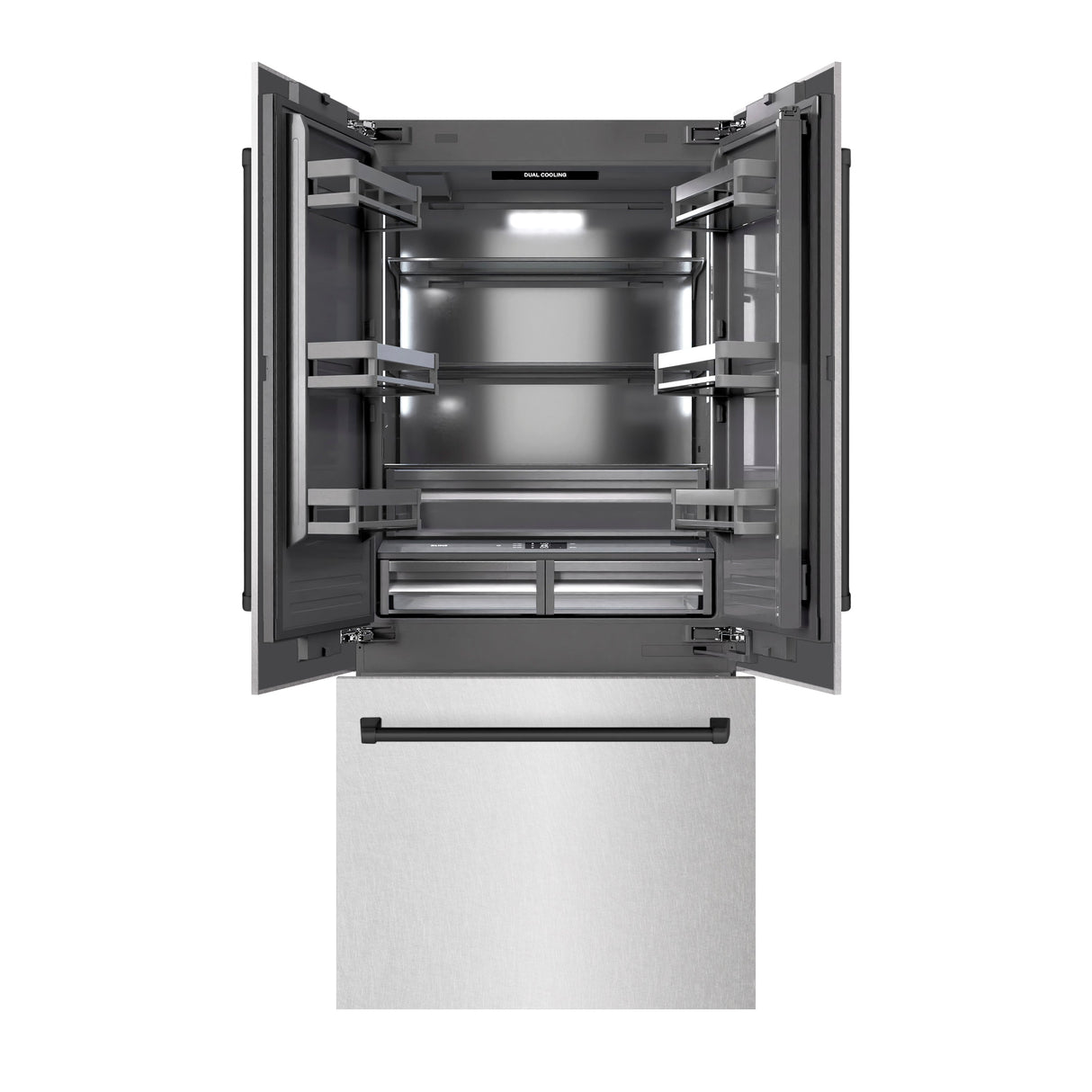 ZLINE Autograph Edition 36 in. 19.6 cu. ft. French Door Built-In Bottom Freezer Refrigerator with Water Dispenser and Ice Maker in Satin Stainless Steel with Graphite Gray Interior and Matte Black Accents (GRBIVZ-SN-36-MB)