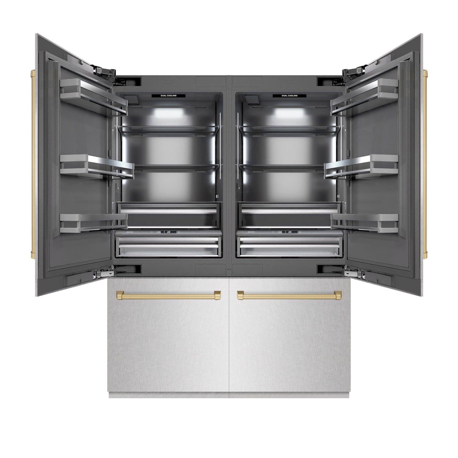 ZLINE Autograph Edition 60 in. 32.2 cu. ft. French Door Built-In Bottom Freezer Refrigerator with Water Dispenser and Ice Maker in Satin Stainless Steel with Graphite Gray Interior and Champagne Bronze Accents (GRBIVZ-SN-60-CB)