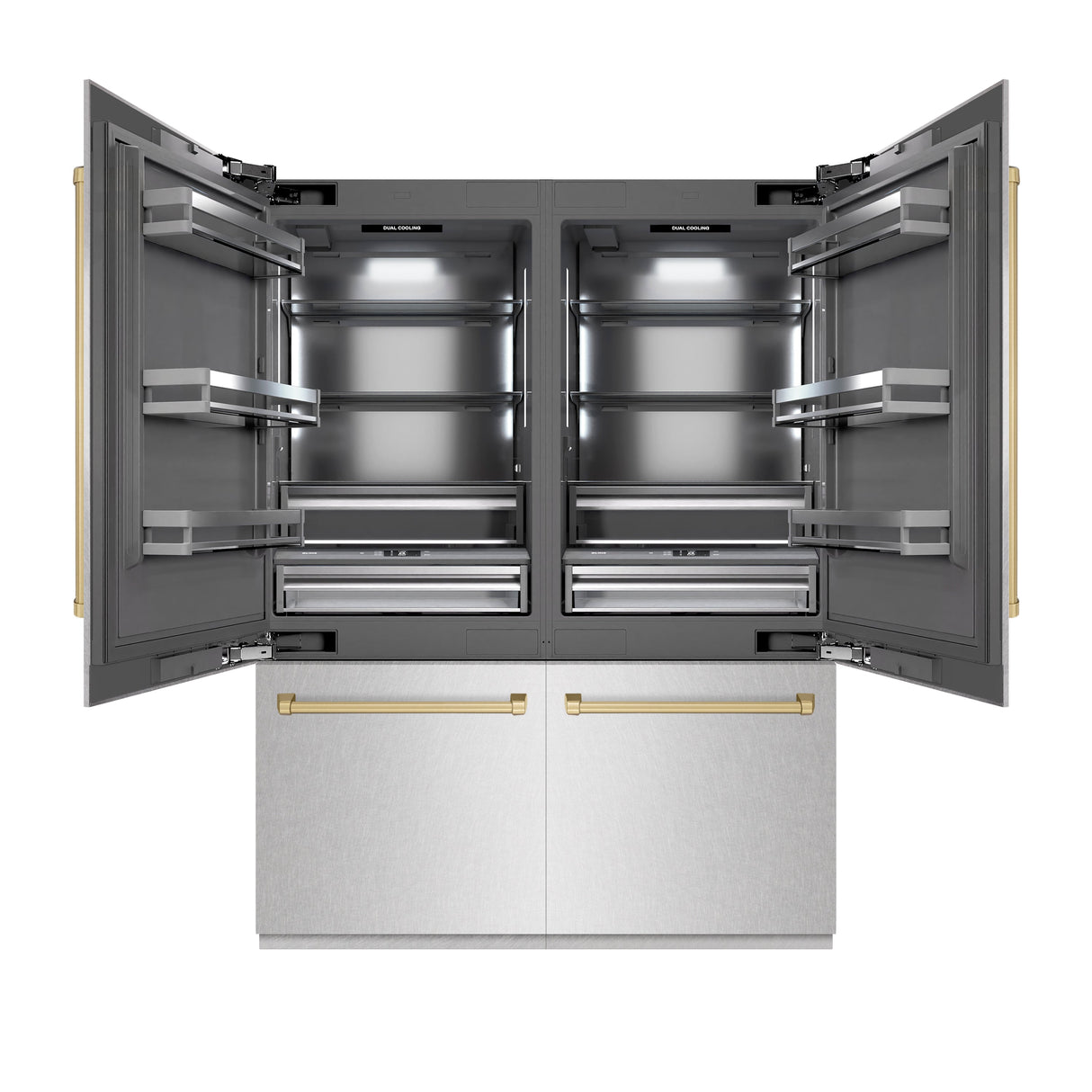 ZLINE Autograph Edition 60 in. 32.2 cu. ft. French Door Built-In Bottom Freezer Refrigerator with Water Dispenser and Ice Maker in Satin Stainless Steel with Graphite Gray Interior and Champagne Bronze Accents (GRBIVZ-SN-60-CB)