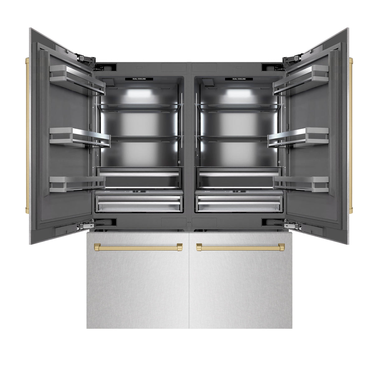 ZLINE Autograph Edition 60 in. 32.2 cu. ft. French Door Built-In Bottom Freezer Refrigerator with Water Dispenser and Ice Maker in Satin Stainless Steel with Graphite Gray Interior and Champagne Bronze Accents (GRBIVZ-SN-60-CB)