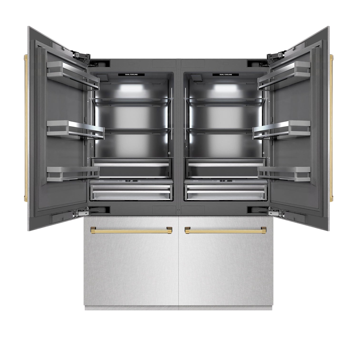 ZLINE Autograph Edition 60 in. 32.2 cu. ft. French Door Built-In Bottom Freezer Refrigerator with Water Dispenser and Ice Maker in Satin Stainless Steel with Graphite Gray Interior and Polished Gold Accents (GRBIVZ-SN-60-G)