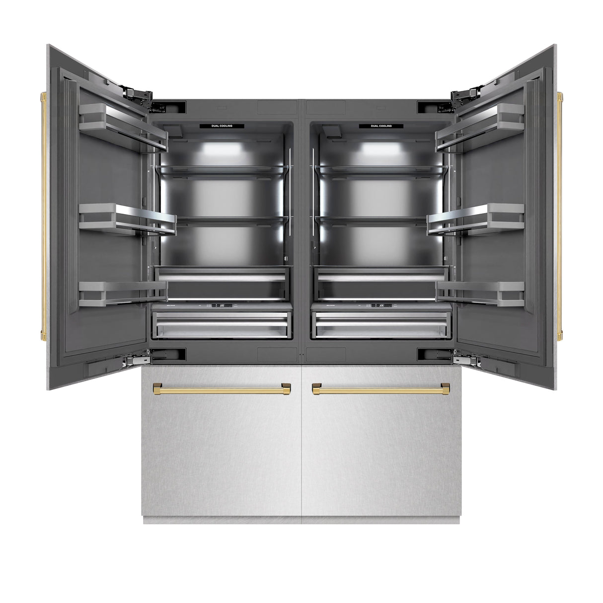 ZLINE Autograph Edition 60 in. 32.2 cu. ft. French Door Built-In Bottom Freezer Refrigerator with Water Dispenser and Ice Maker in Satin Stainless Steel with Graphite Gray Interior and Polished Gold Accents (GRBIVZ-SN-60-G)