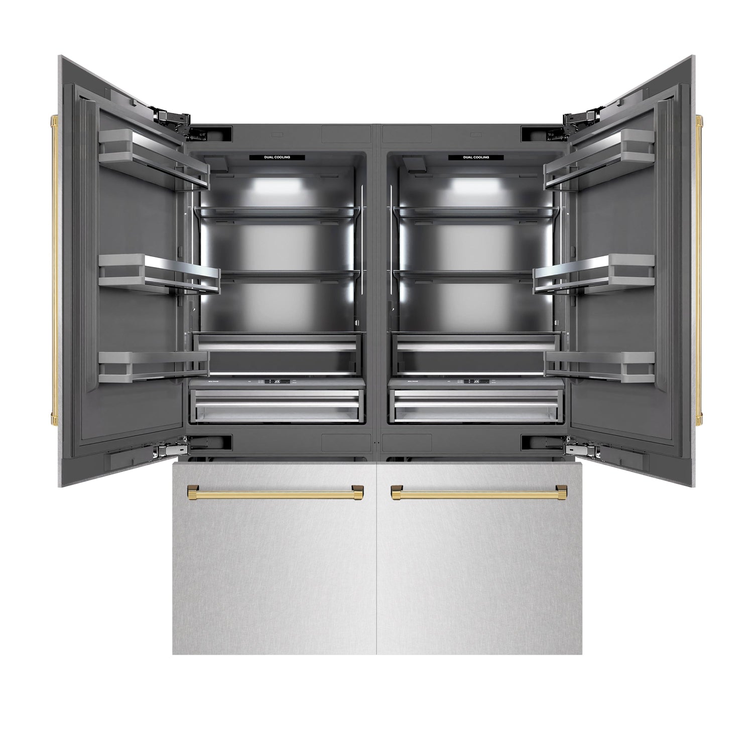 ZLINE Autograph Edition 60 in. 32.2 cu. ft. French Door Built-In Bottom Freezer Refrigerator with Water Dispenser and Ice Maker in Satin Stainless Steel with Graphite Gray Interior and Polished Gold Accents (GRBIVZ-SN-60-G)