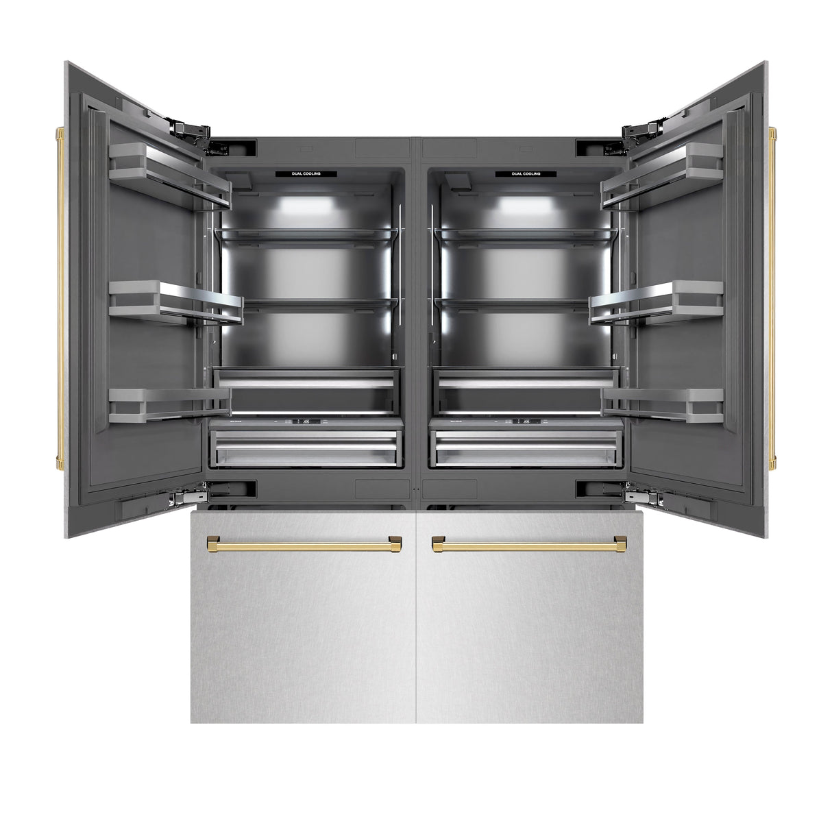 ZLINE Autograph Edition 60 in. 32.2 cu. ft. French Door Built-In Bottom Freezer Refrigerator with Water Dispenser and Ice Maker in Satin Stainless Steel with Graphite Gray Interior and Polished Gold Accents (GRBIVZ-SN-60-G)