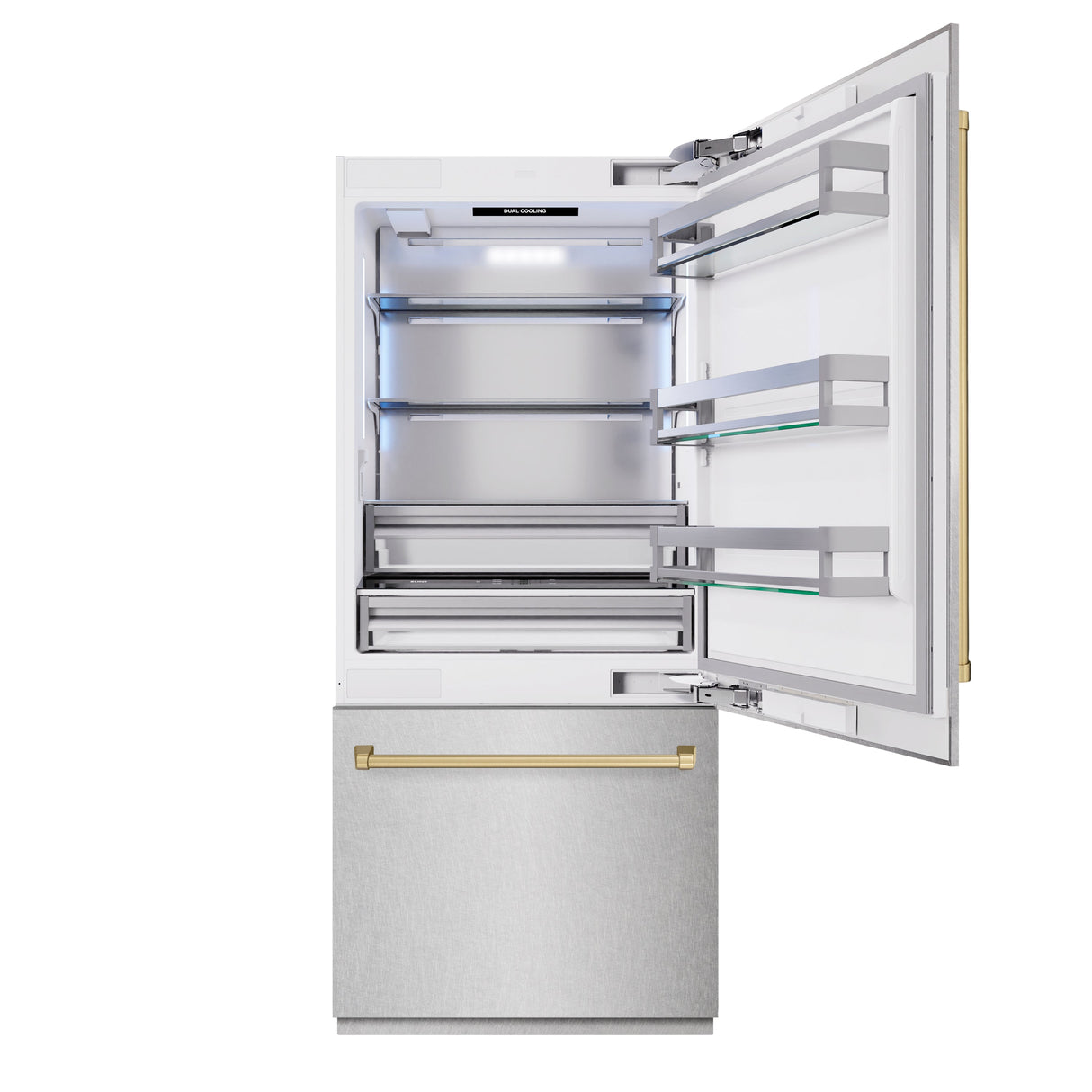 ZLINE Autograph Edition 36 in. 19.8 cu. ft. Built-In Bottom Freezer Refrigerator with Water Dispenser and Ice Maker in Satin Stainless Steel and Champagne Bronze Accents (RBITZ-SN-36-CB)