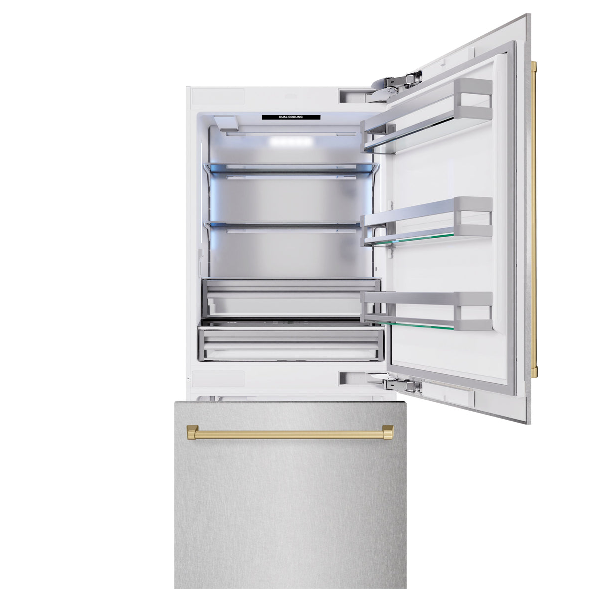 ZLINE Autograph Edition 36 in. 19.8 cu. ft. Built-In Bottom Freezer Refrigerator with Water Dispenser and Ice Maker in Satin Stainless Steel and Champagne Bronze Accents (RBITZ-SN-36-CB)