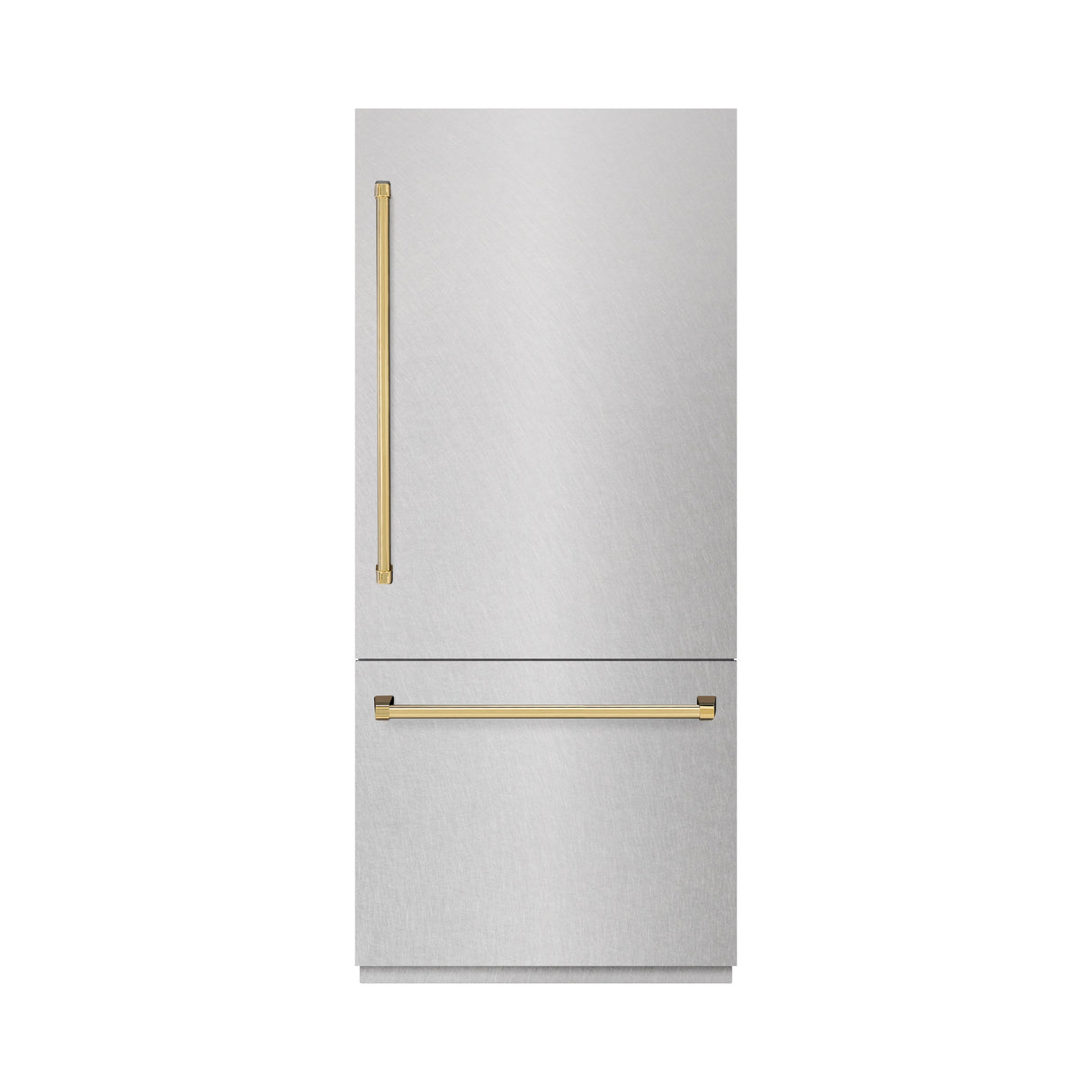 ZLINE Autograph Edition 36 in. 19.8 cu. ft. Built-In Bottom Freezer Refrigerator with Water Dispenser and Ice Maker in Satin Stainless Steel and Polished Gold Accents (RBITZ-SN-36-G)