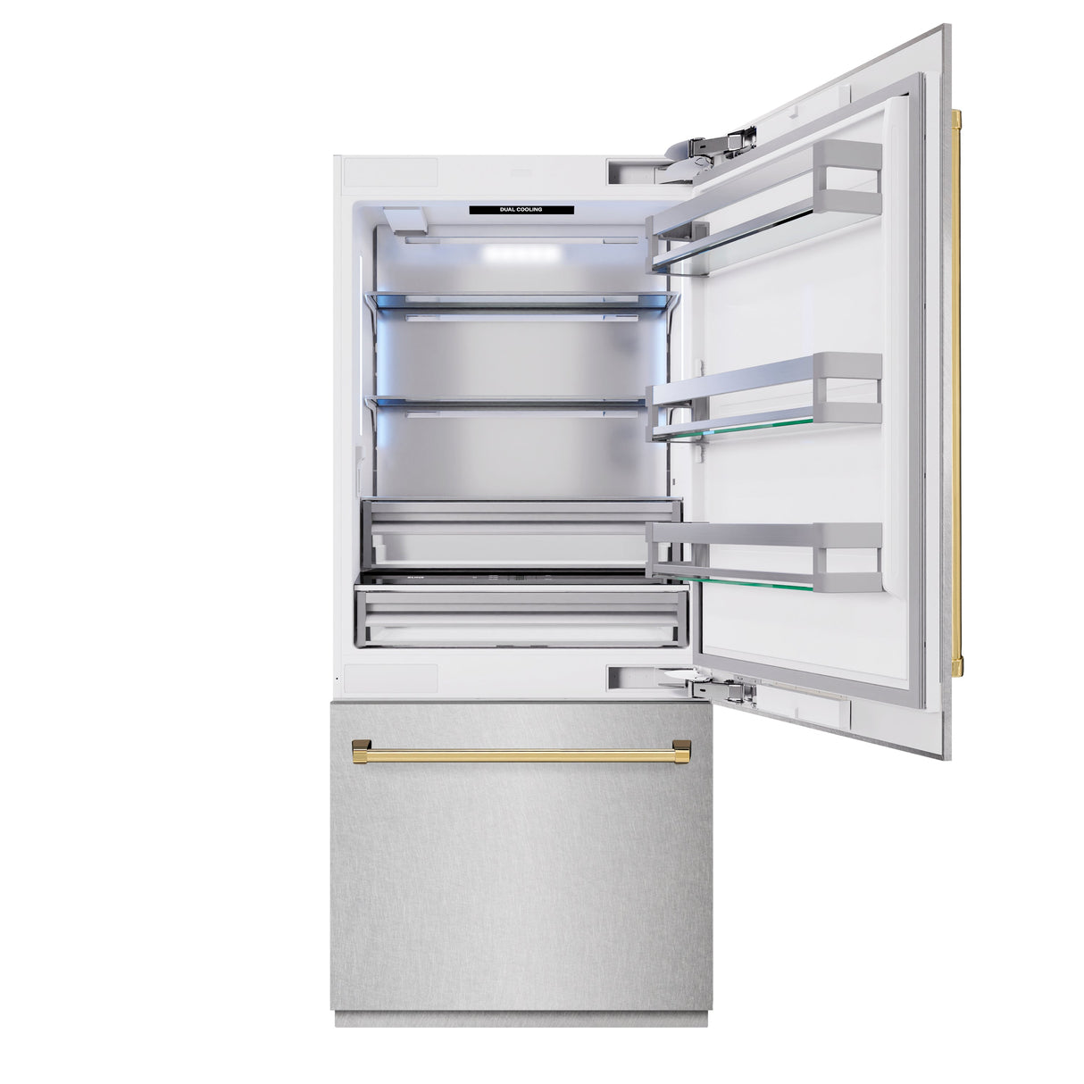 ZLINE Autograph Edition 36 in. 19.8 cu. ft. Built-In Bottom Freezer Refrigerator with Water Dispenser and Ice Maker in Satin Stainless Steel and Polished Gold Accents (RBITZ-SN-36-G)