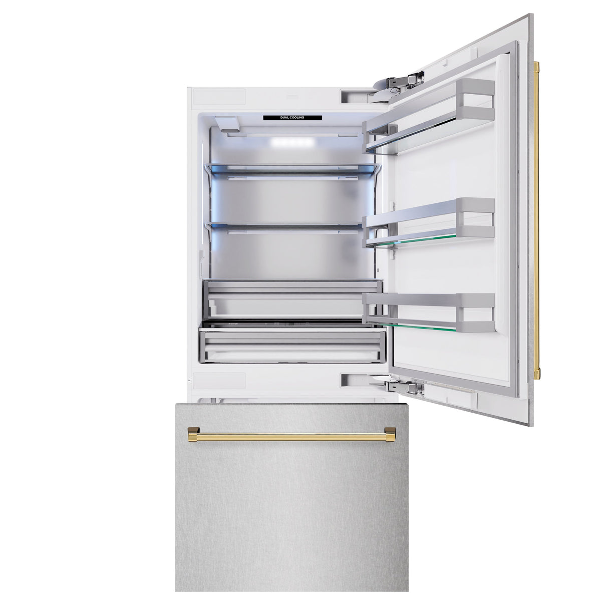 ZLINE Autograph Edition 36 in. 19.8 cu. ft. Built-In Bottom Freezer Refrigerator with Water Dispenser and Ice Maker in Satin Stainless Steel and Polished Gold Accents (RBITZ-SN-36-G)